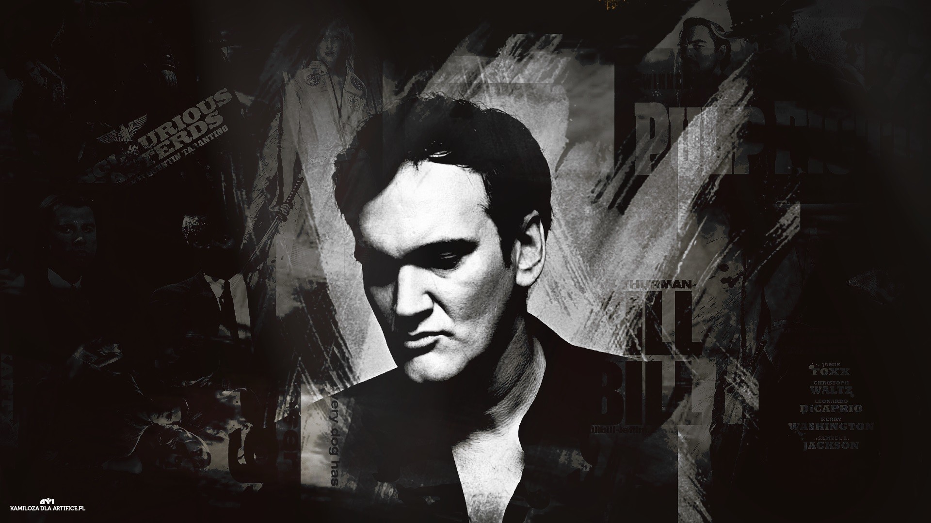 Quentin Tarantino, Ritratto, Collage, Bianco e nero, 1920x1080, sfondo per PC