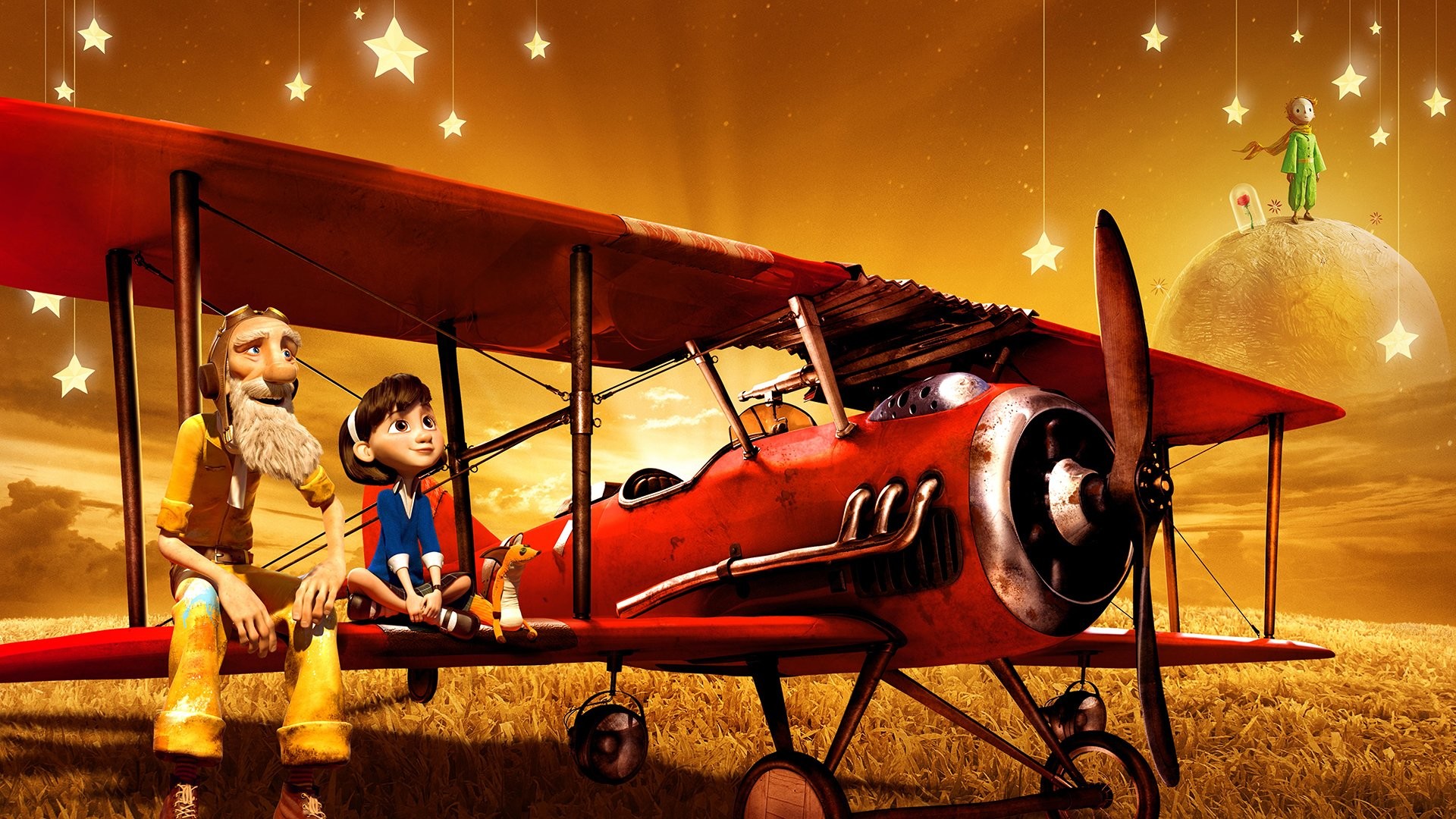 L'aviatore, La bambina, Il Piccolo Principe, Il Piccolo Principe (film 2015), Biplano, Stelle, sfondo Full HD
