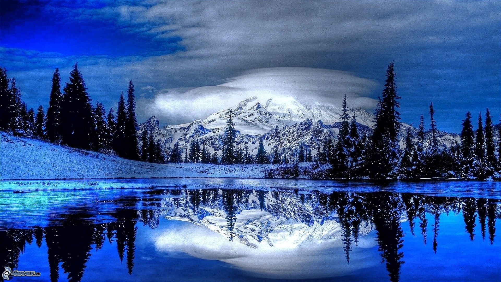 Monte Rainier, Lago, Inverno, Nuvola lenticolare, Riflesso, 1920x1080, sfondo per PC