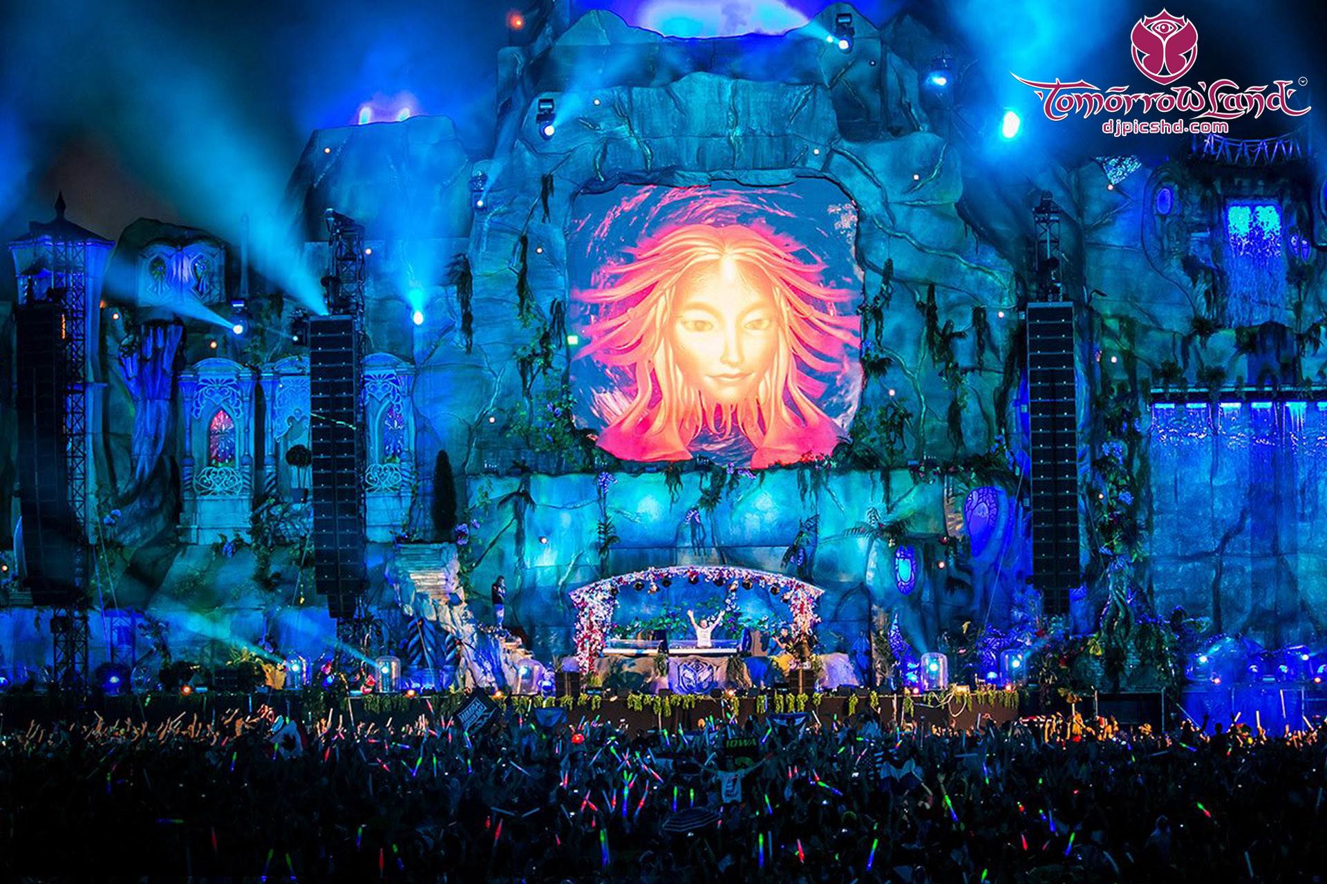 Tomorrowland, Main stage, Volto femminile, Luci blu, Full HD, sfondo desktop