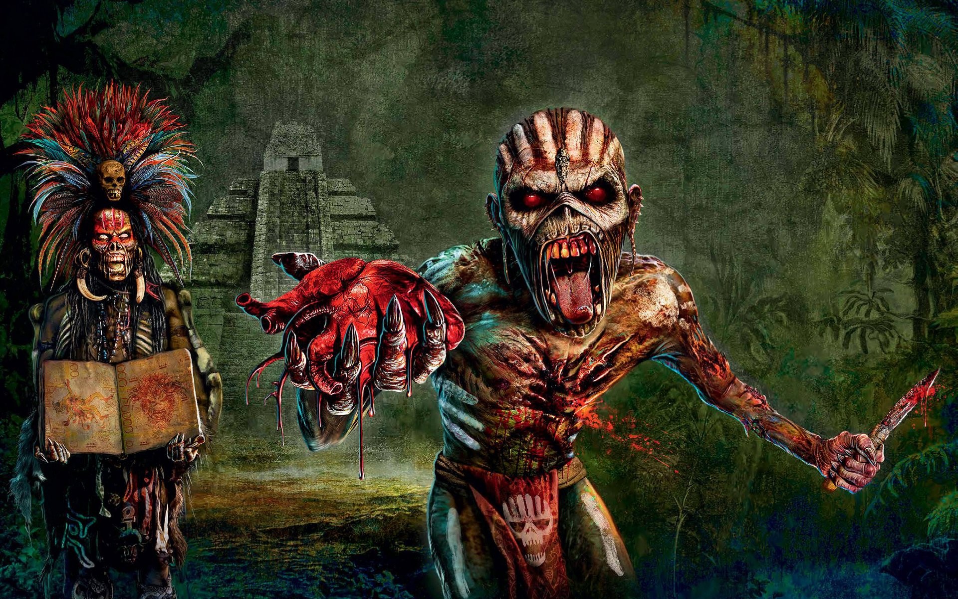 Eddie, The Book of Souls, Iron Maiden, Piramide Maya, Cuore, Giungla, sfondo desktop 1920x1200