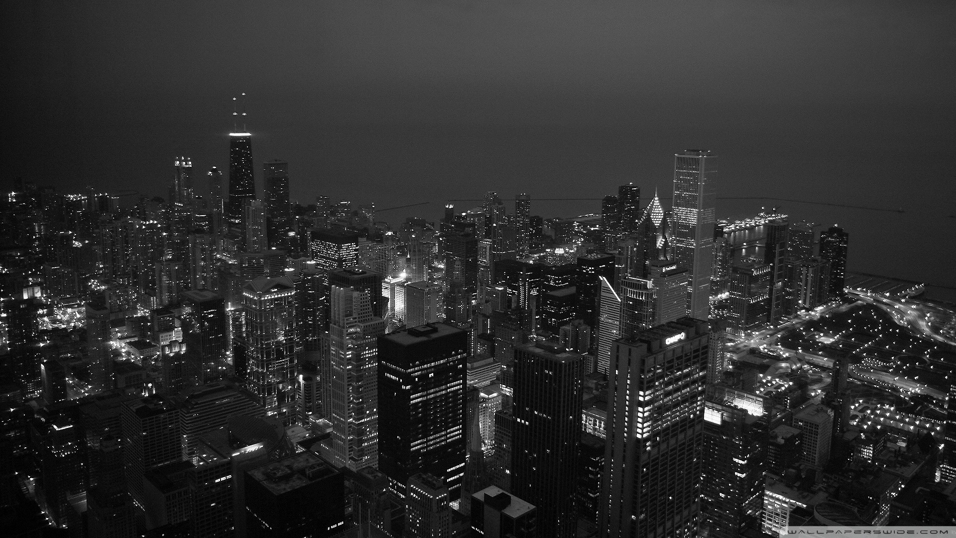 Chicago, Notte, Bianco e nero, Vista aerea, 1920x1080, immagine di sfondo