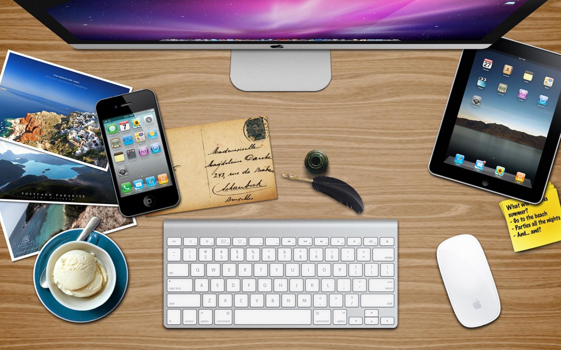 Scrivania, iMac, iPad, iPhone, Tastiera Apple, sfondo Full HD per computer