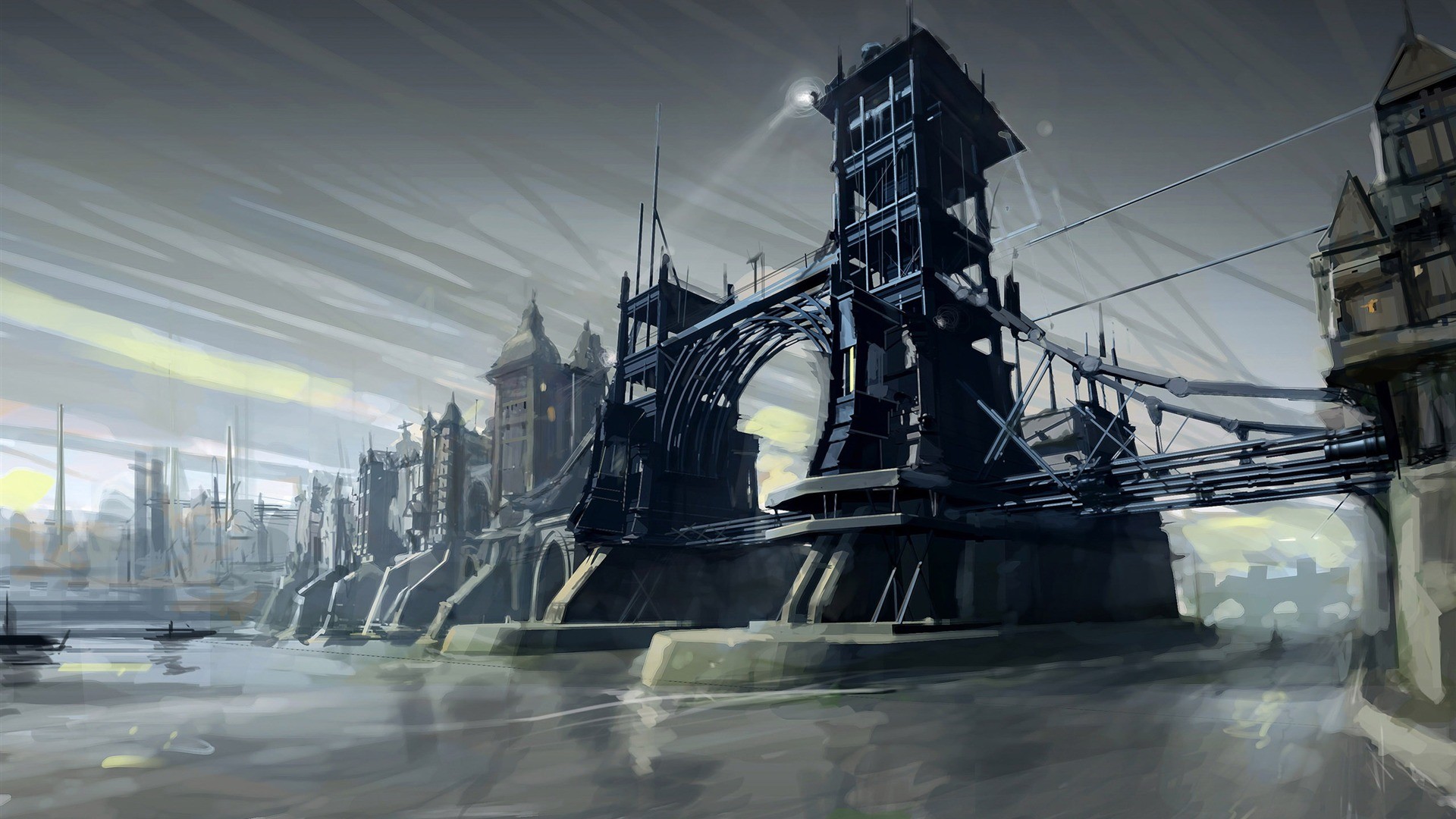 Dishonored, Dunwall, Ponte, Fiume, Arte concettuale, Full HD 1080p, sfondo desktop