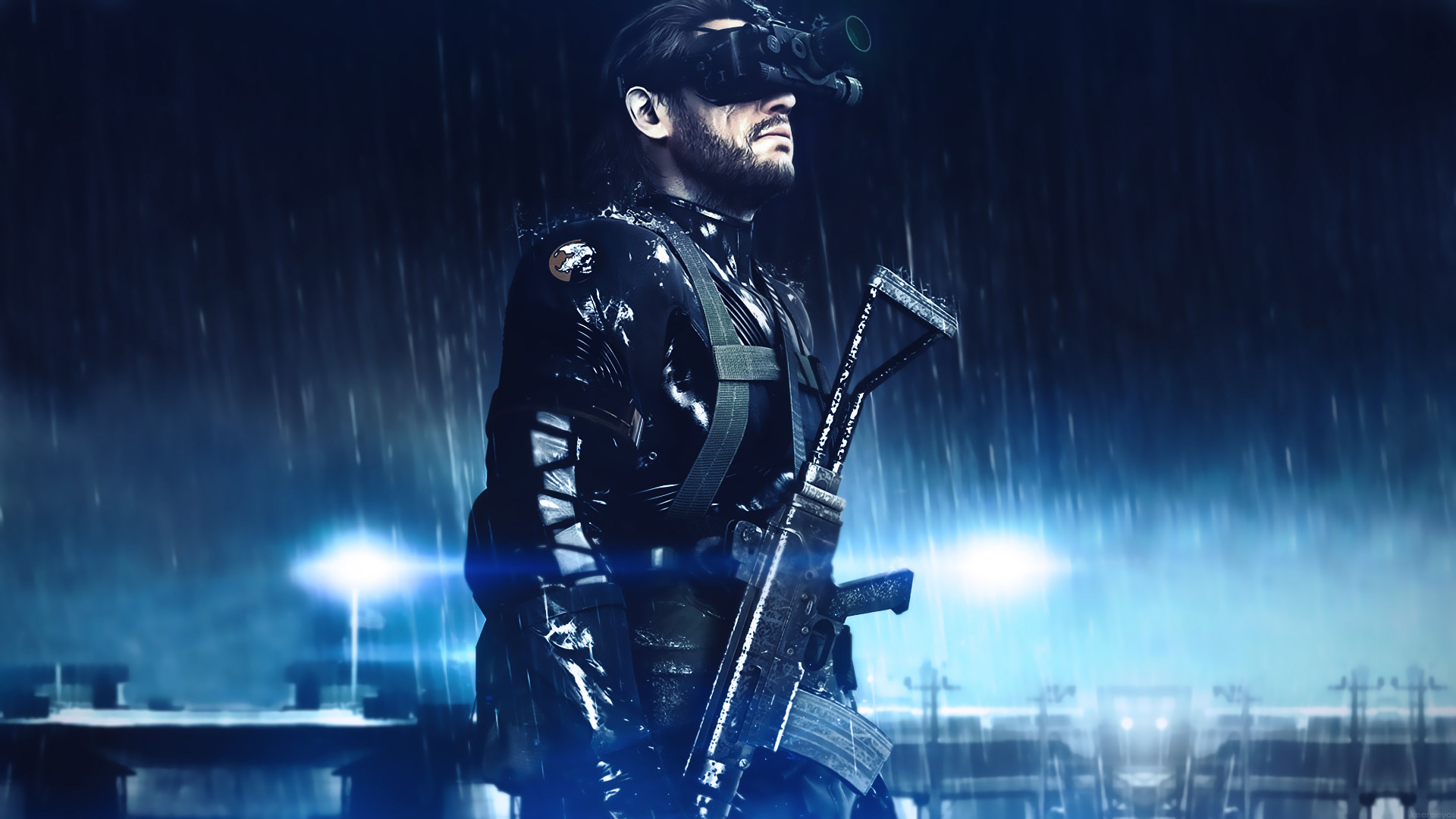Big Boss, Metal Gear Solid V: Ground Zeroes, Pioggia, Notte, Blu, sfondo 1920x1080 per PC