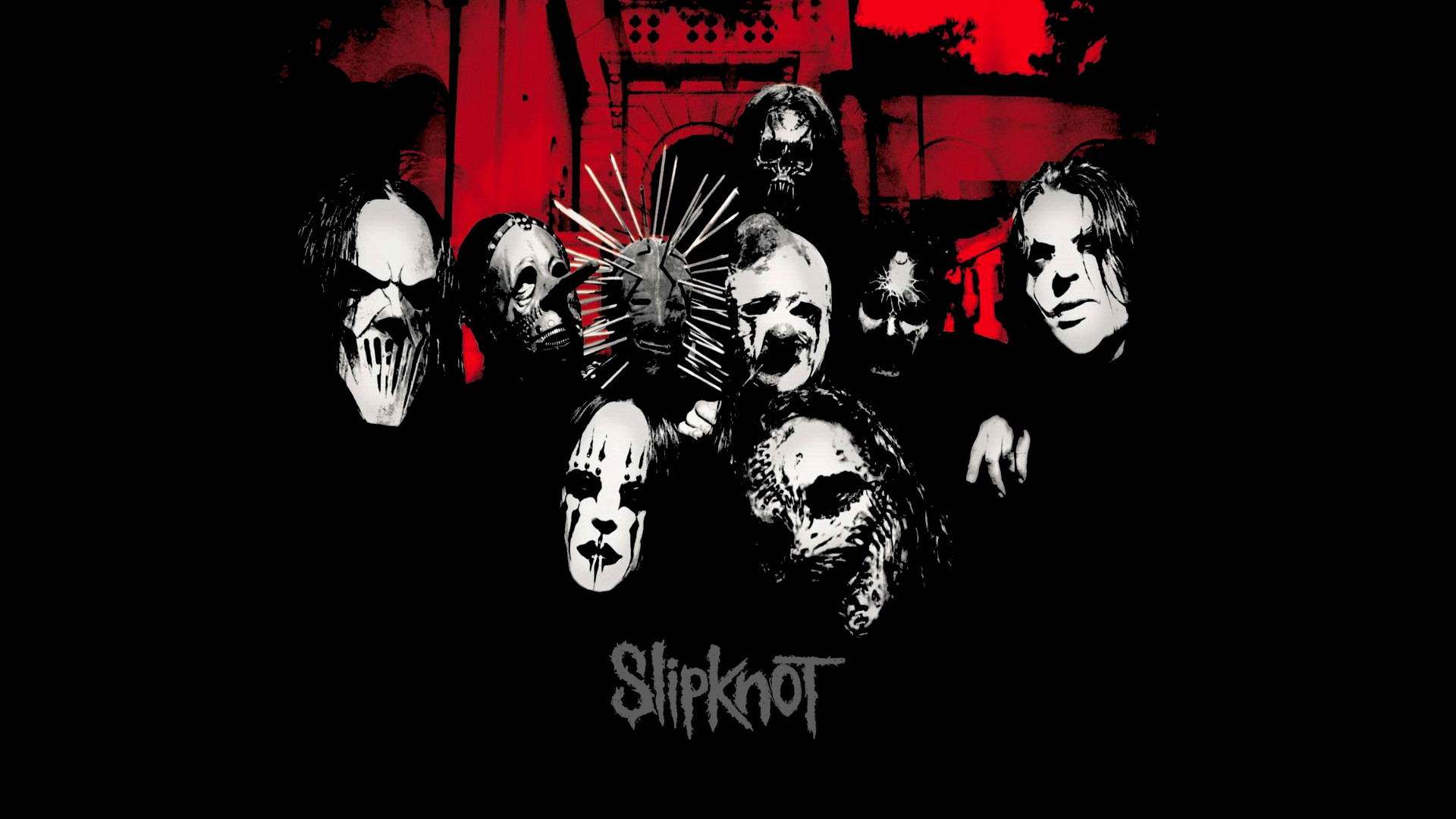 Slipknot, Maschere, Bianco e nero, Rosso, Sfondo nero, Full HD, wallpaper per PC