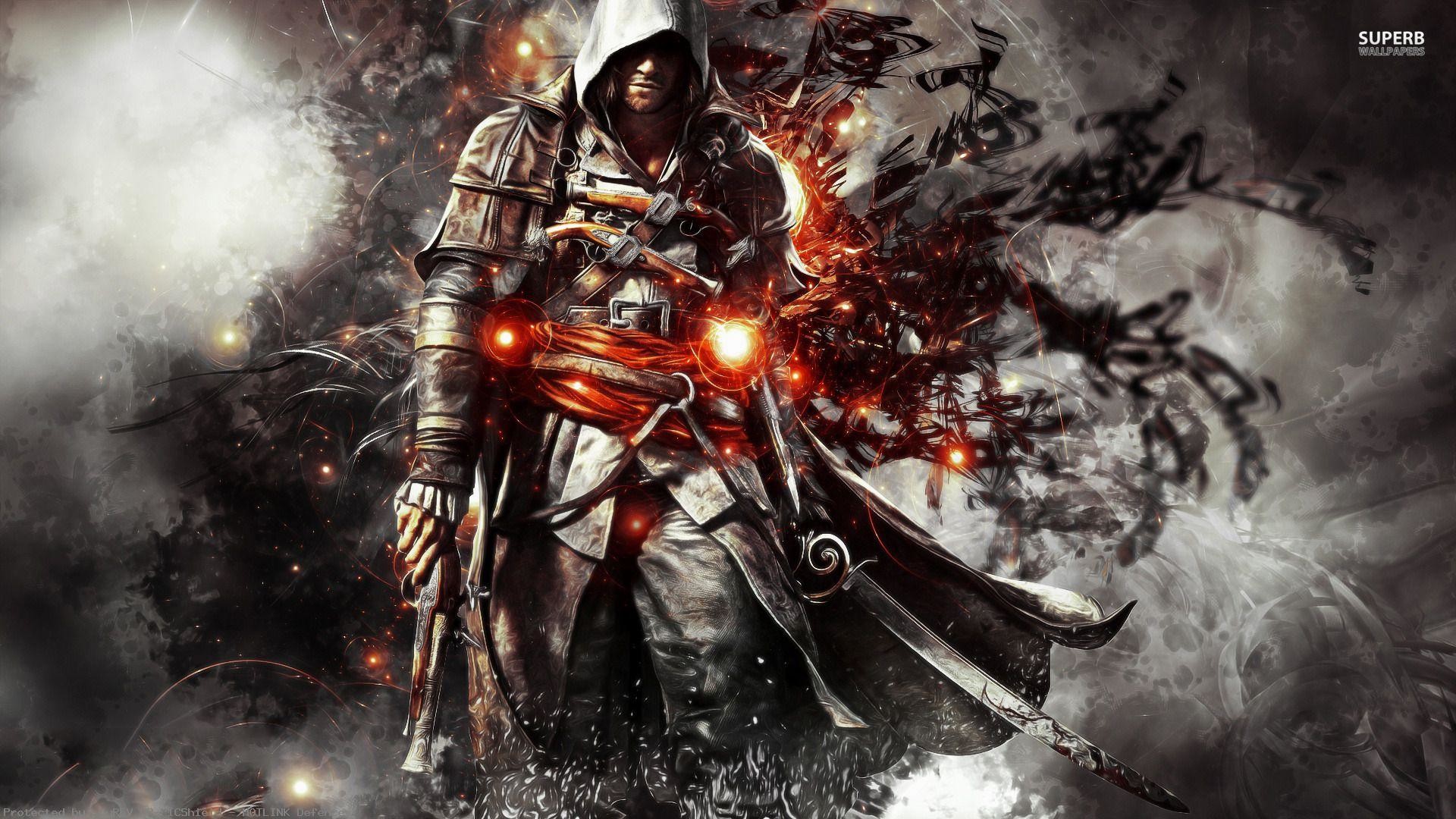 Edward Kenway, Assassin's Creed IV: Black Flag, Fuoco, Arte digitale, sfondo desktop Full HD