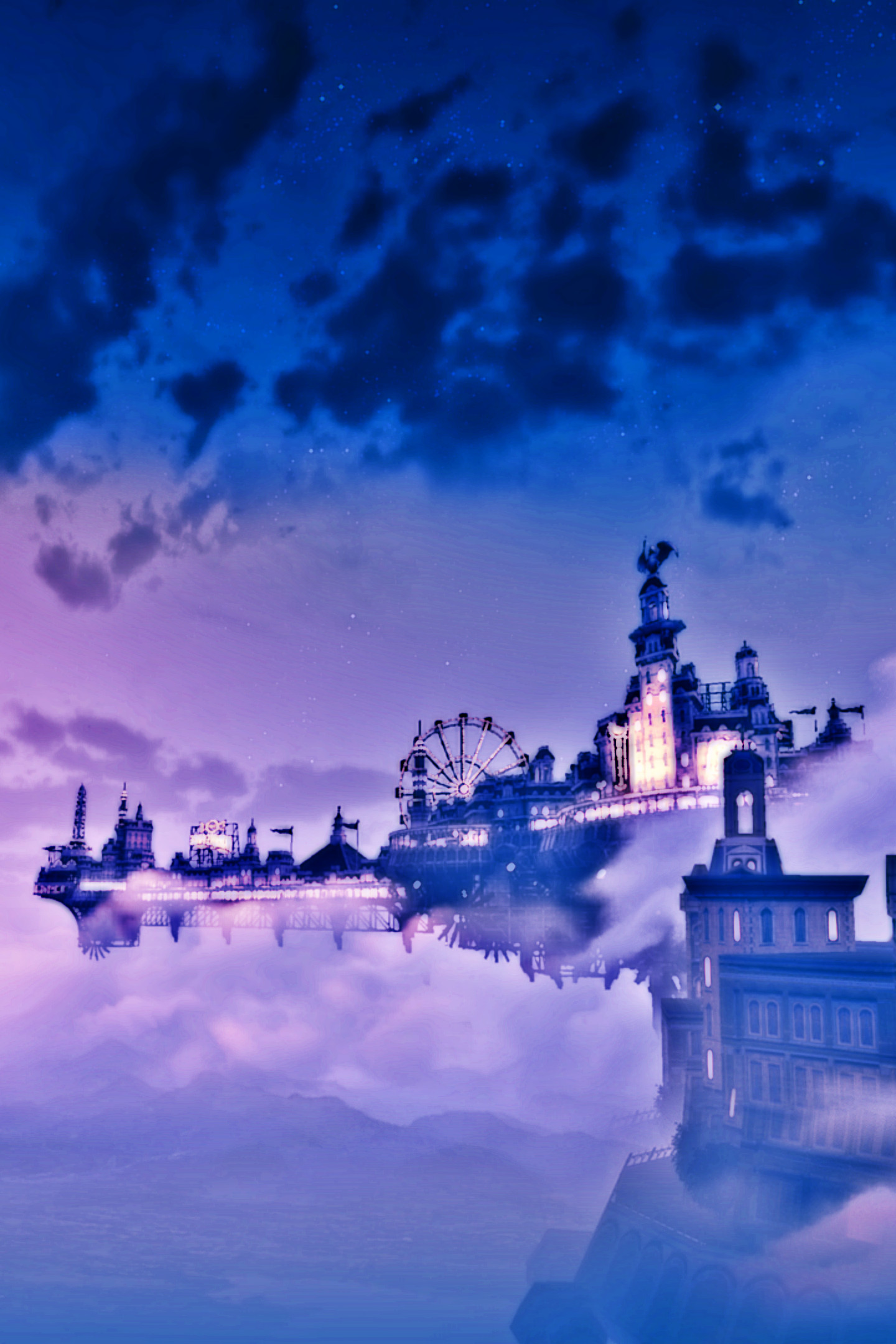 Columbia, BioShock Infinite, Città volante, Cielo viola, QHD+, sfondo per smartphone