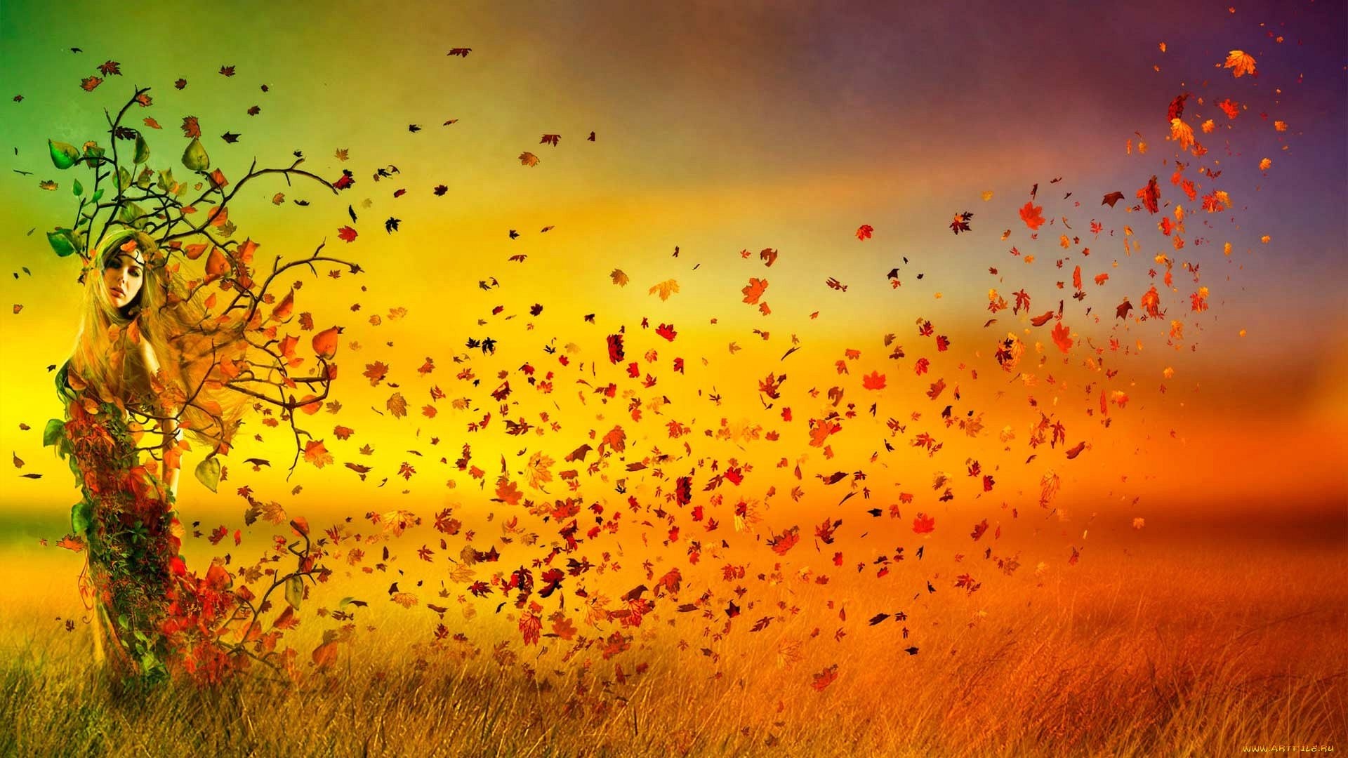 Donna d'autunno, Foglie al vento, Arte fantasy, Arancione, Autunno, sfondo Full HD per computer