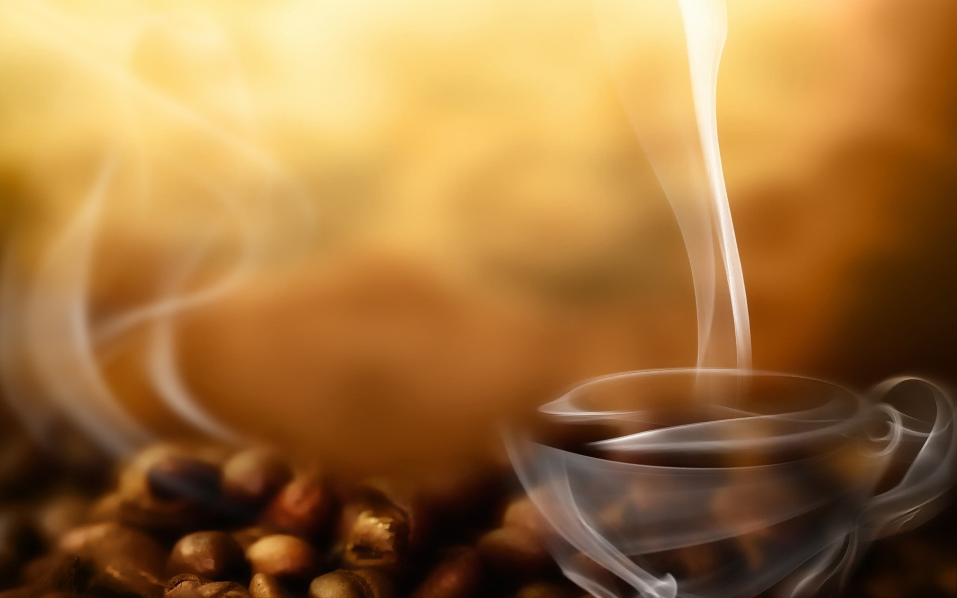 Caffè, Vapore, Tazza di vetro, Chicchi, Luce calda, 16:10 Full HD, sfondo widescreen