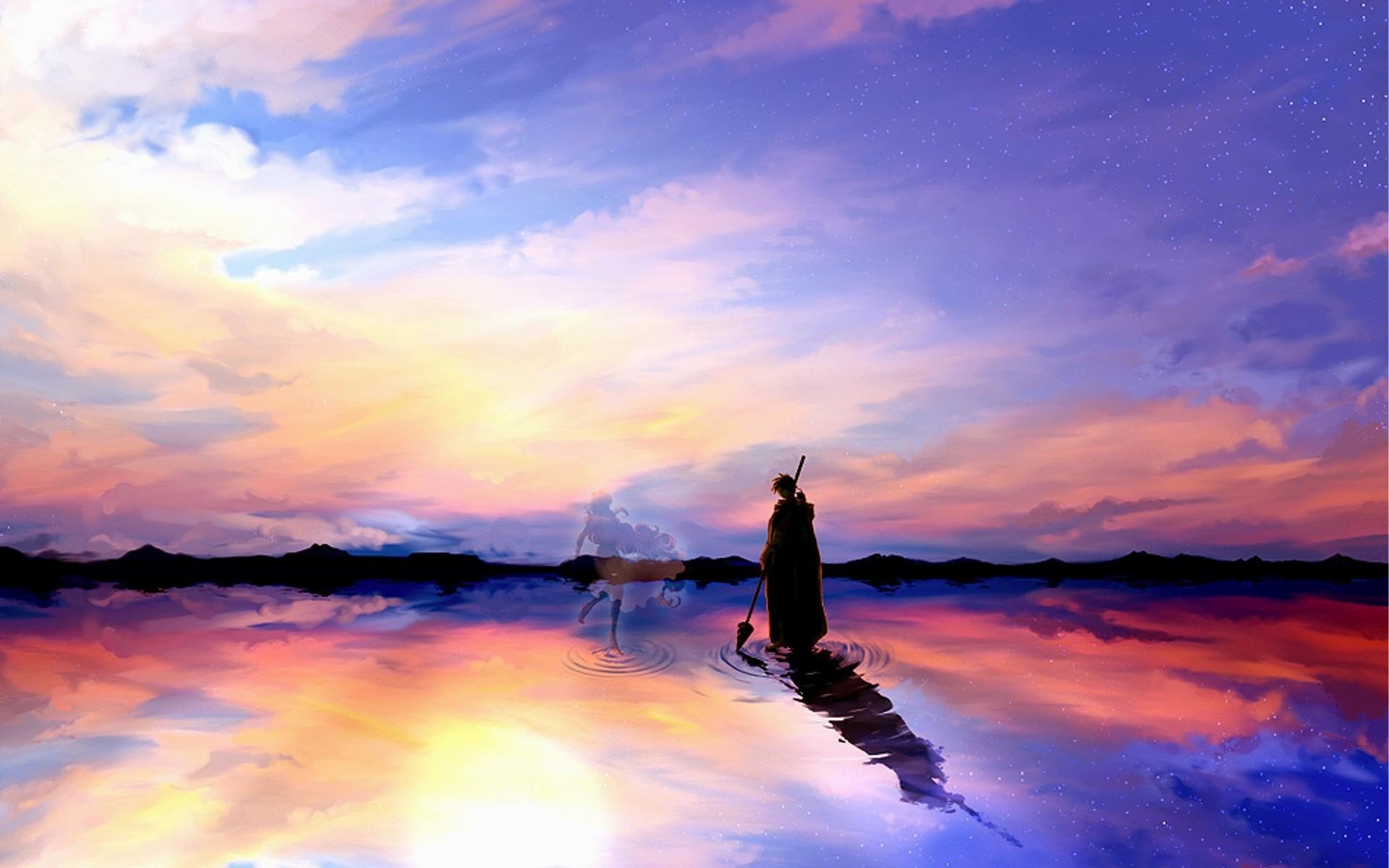 Simon, Gurren Lagann, Lago, Riflesso del cielo, Alba, 1920x1200, sfondo per PC