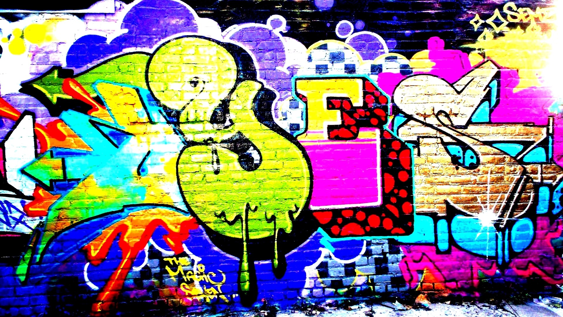 Graffiti, Lettering, Muro di mattoni, Colori vivaci, 1920x1080, immagine di sfondo