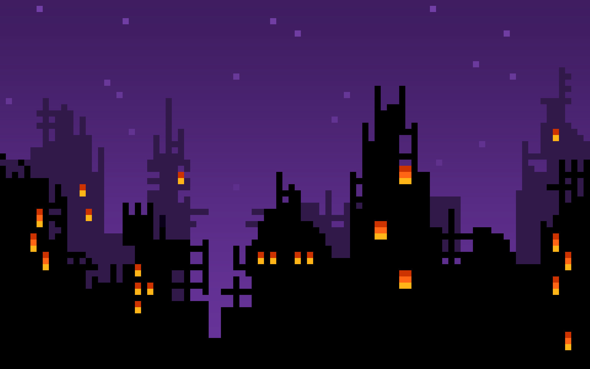 Pixel art, Città, Silhouette, Notte viola, Finestre illuminate, Full HD, wallpaper desktop