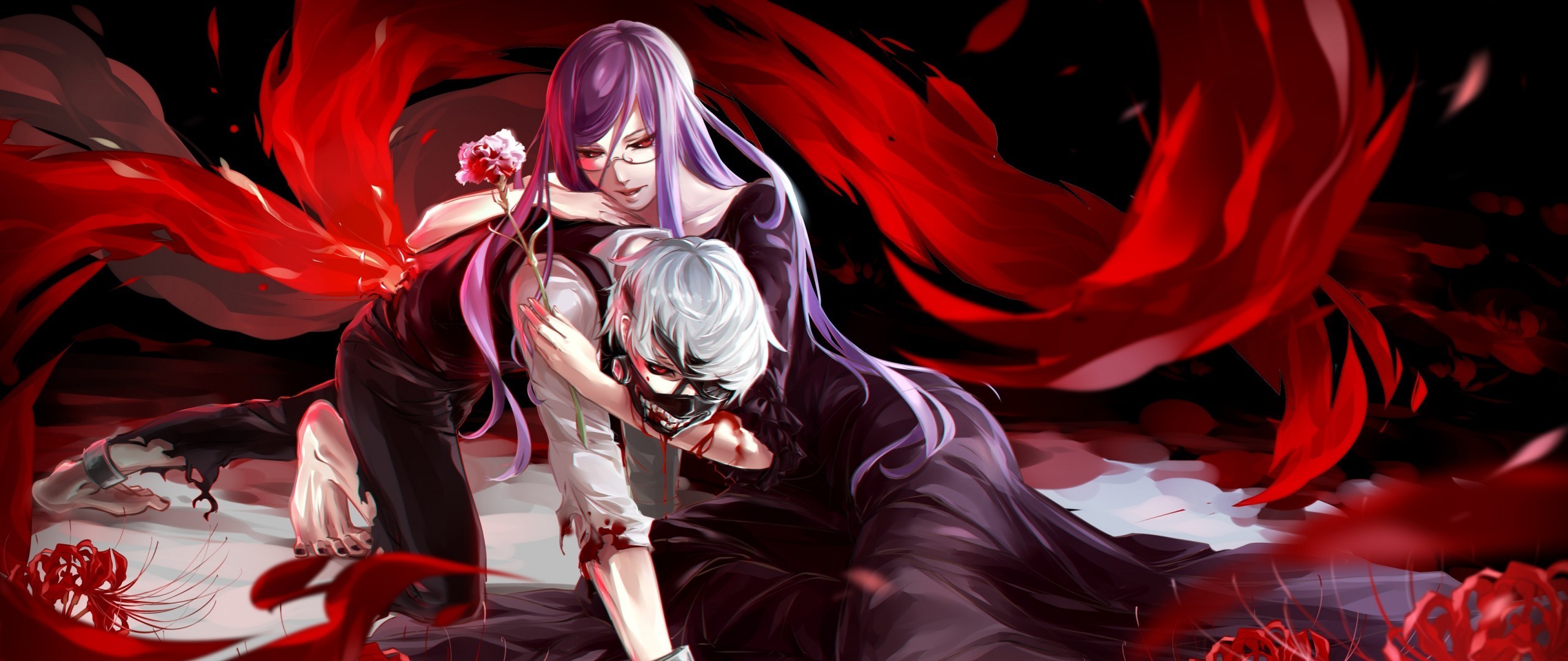 Ken Kaneki, Rize Kamishiro, Tokyo Ghoul, Kagune, Gigli rossi, 2560x1080, sfondo per PC