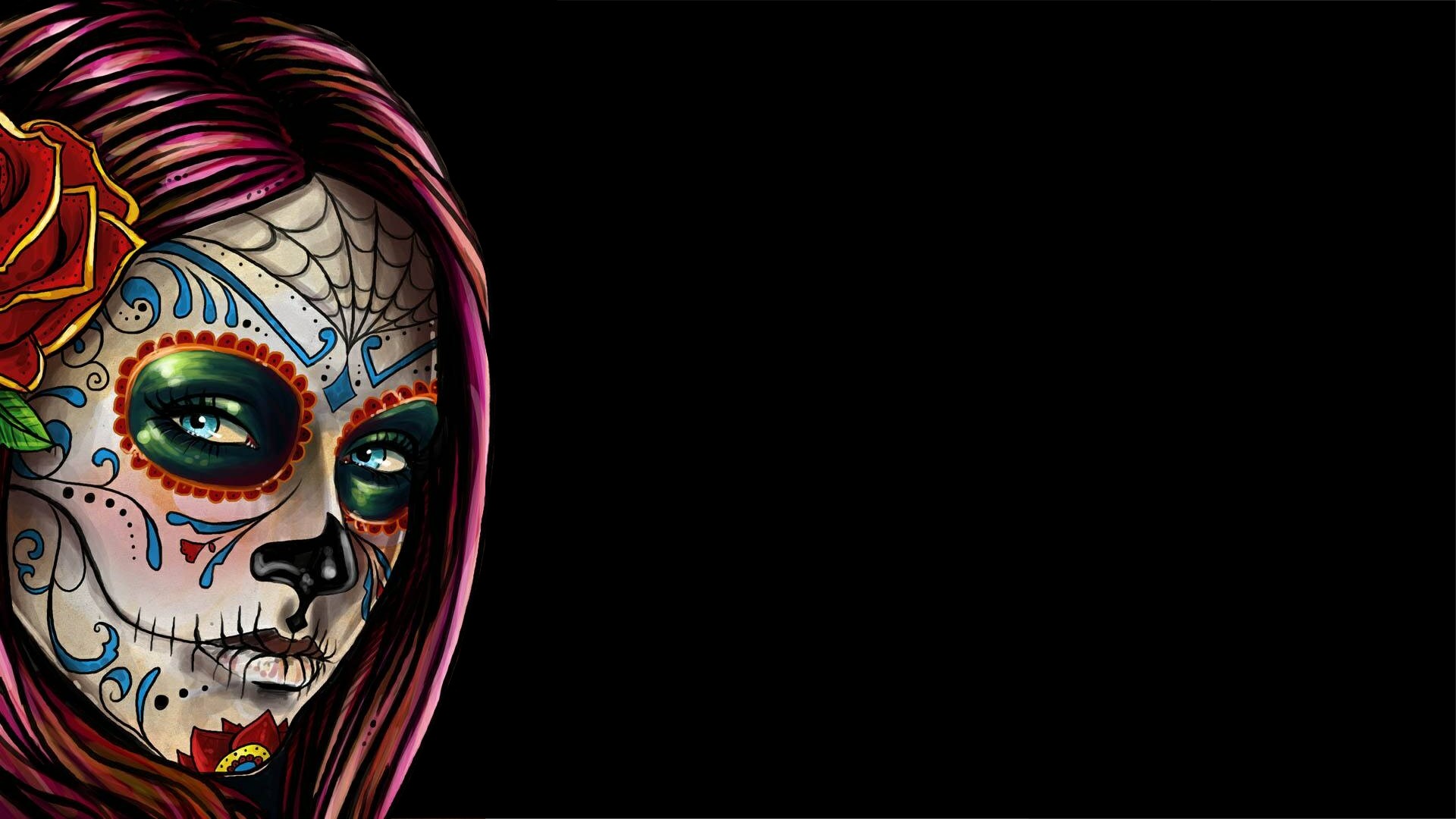 Calavera, Trucco Día de los Muertos, Rose, Ritratto, Sfondo nero, wallpaper 1920x1080