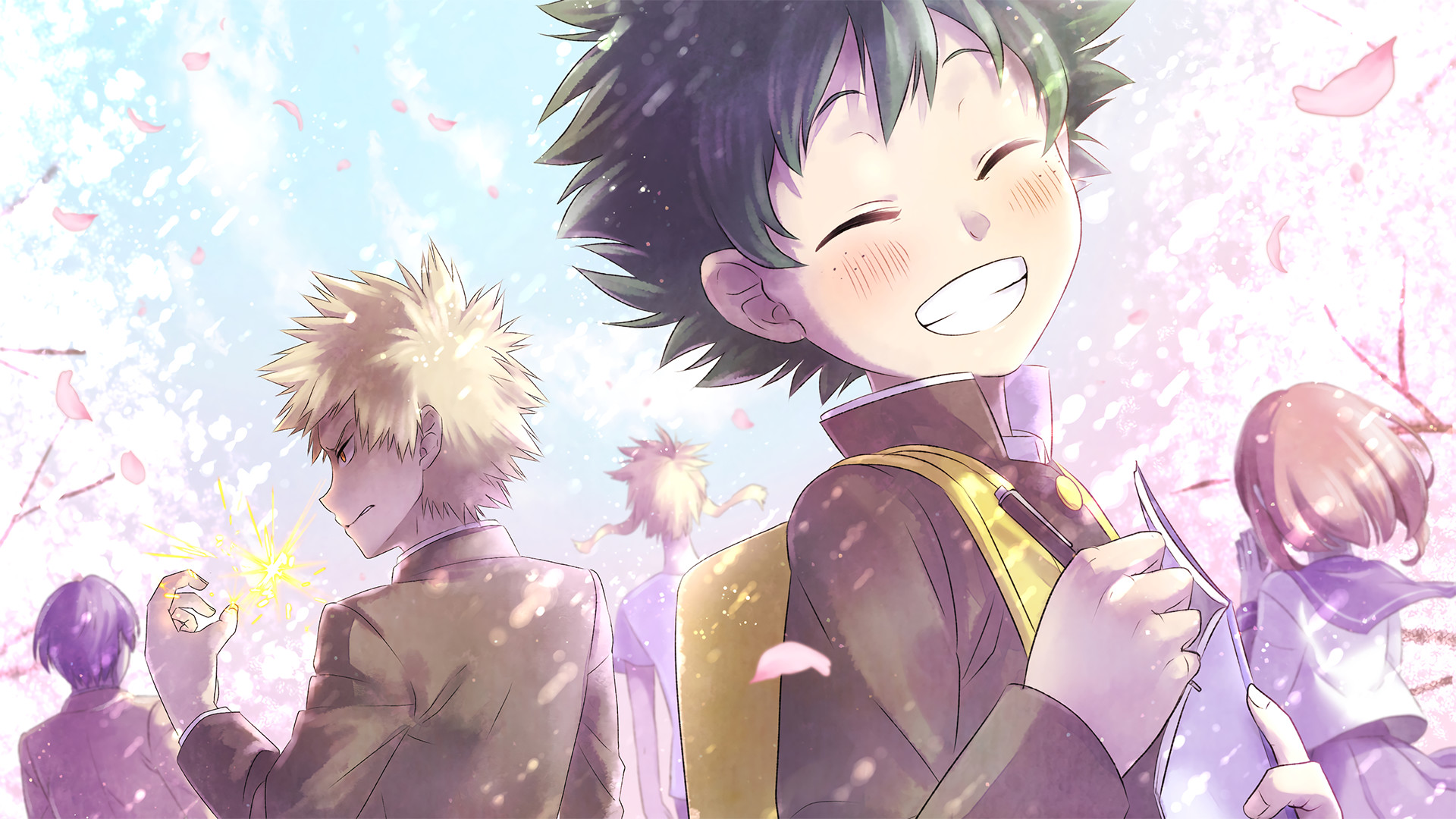Izuku Midoriya, Katsuki Bakugo, My Hero Academia, Ciliegi in fiore, Sorriso, immagine di sfondo