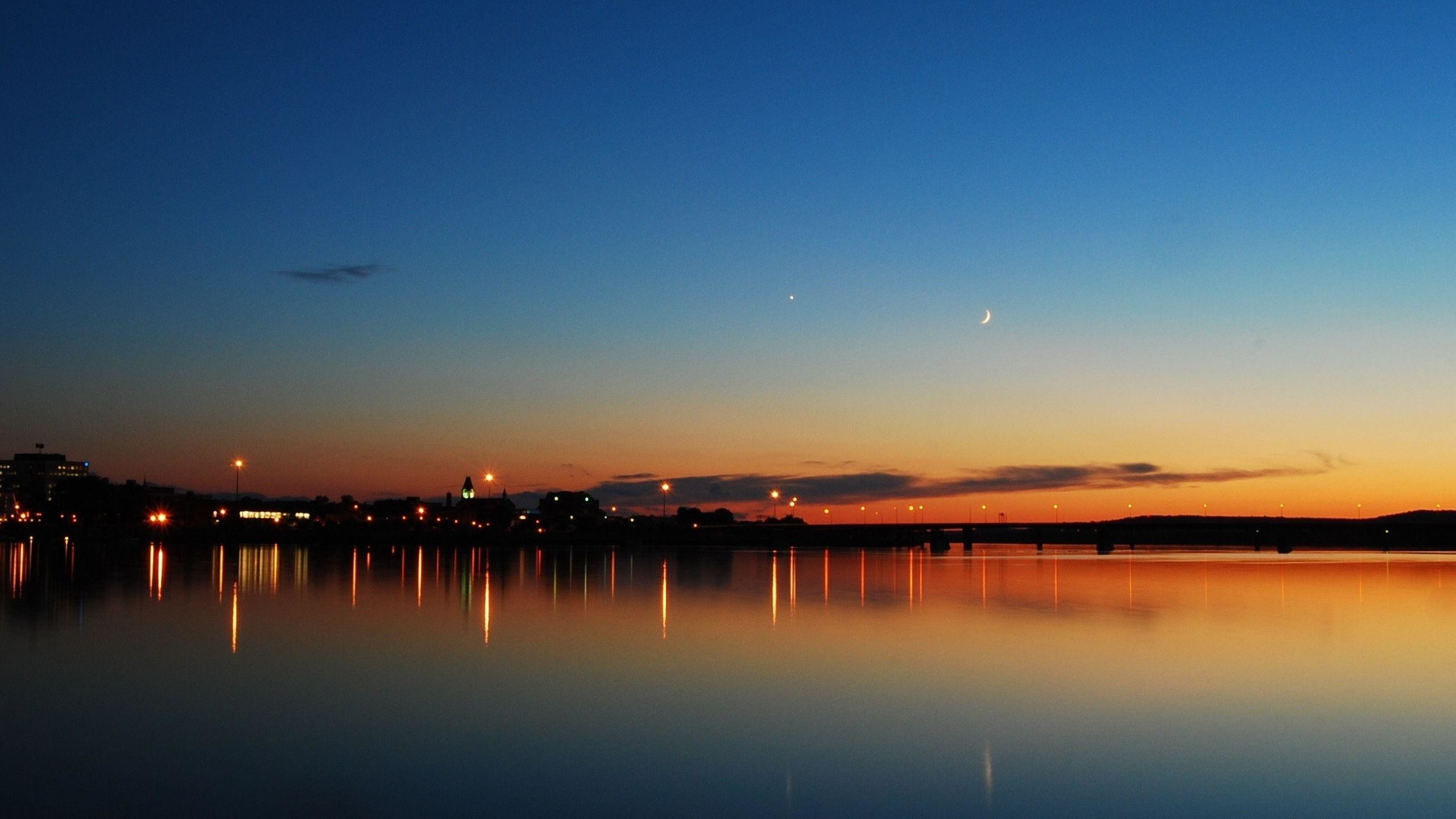 Lago, Tramonto, Crepuscolo, Luci, 2K, immagine di sfondo iMac
