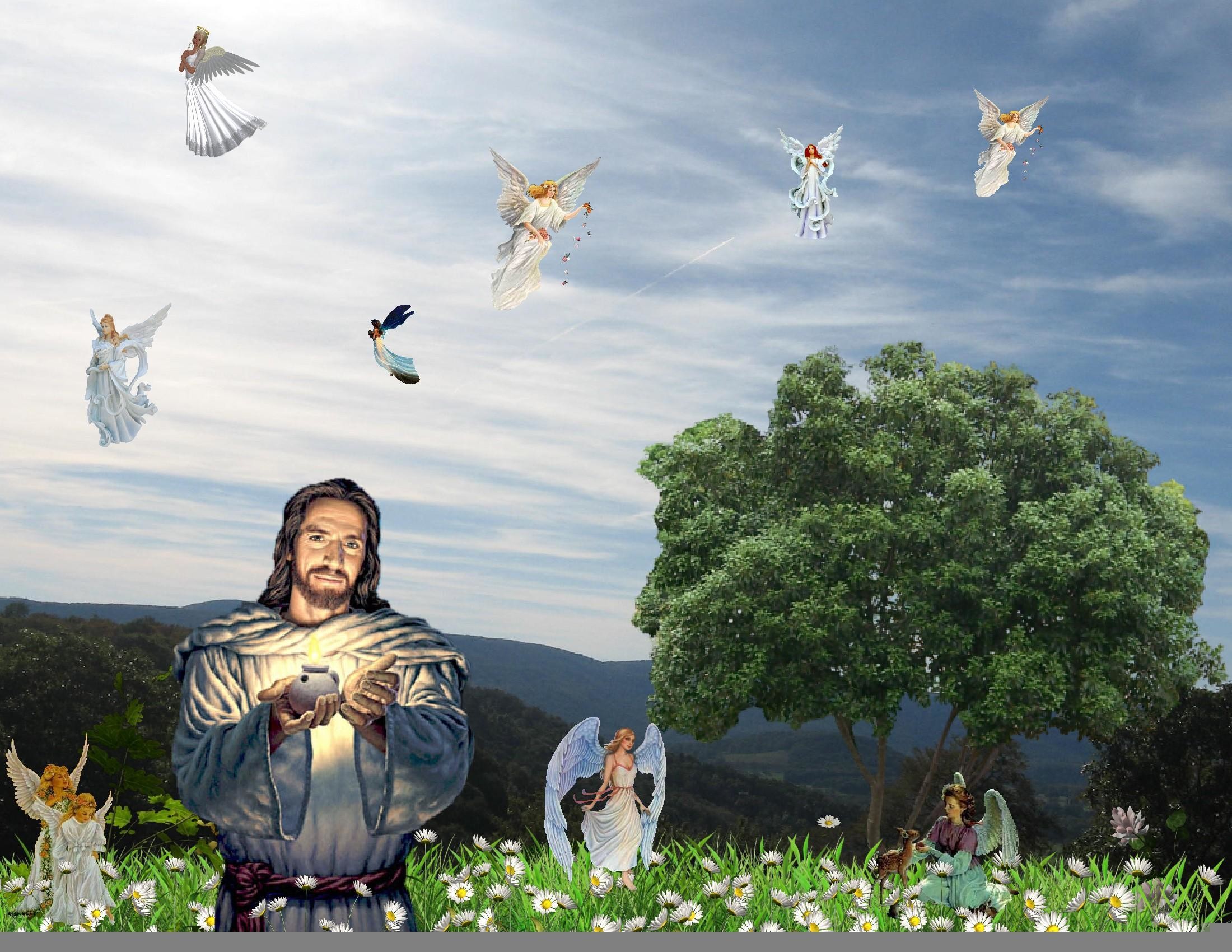 Gesù, Angeli, Albero, Cielo, Collage, Full HD, wallpaper desktop