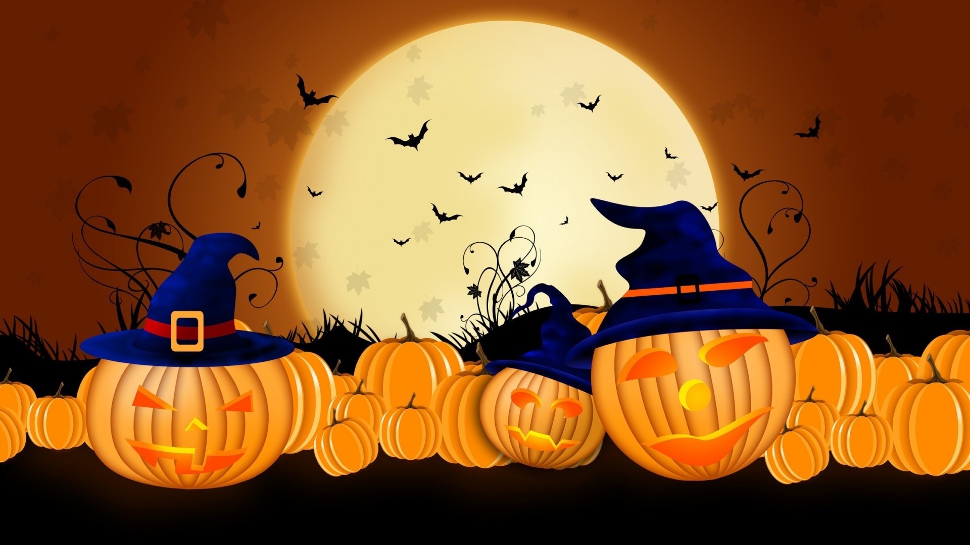 Jack-o'-lantern, Cappelli da strega, Luna piena, Pipistrelli, Arancione, sfondo per portatile