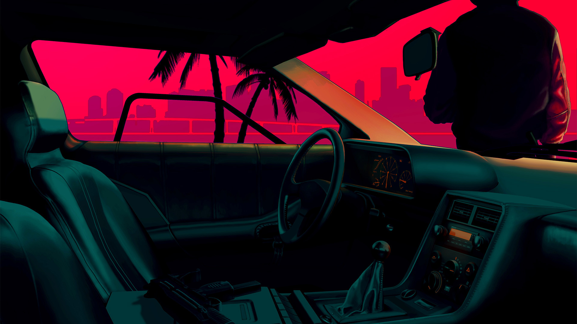 Hotline Miami, Interno auto, Palme, Notte, Retrowave, Full HD, sfondo desktop