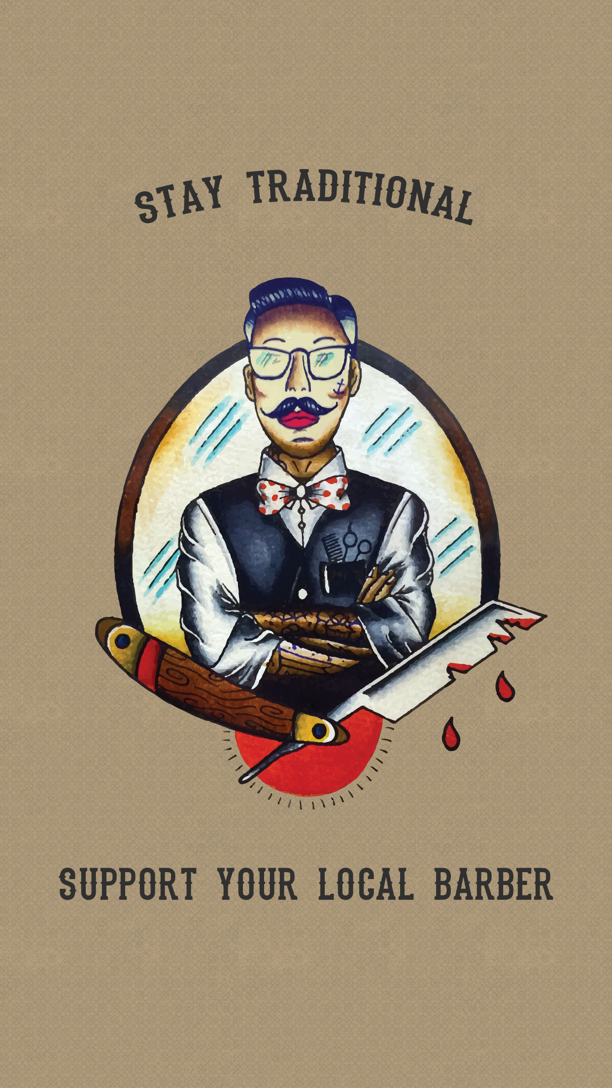 Barbiere, Hipster, Illustrazione, Stay Traditional, Sfondo beige, schermata Home iPhone 6