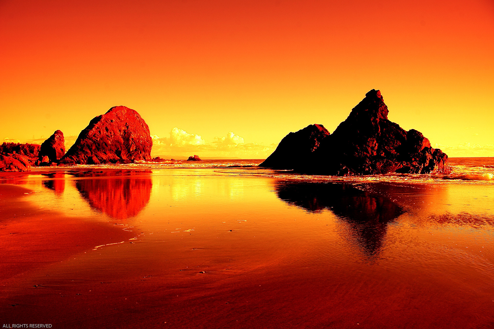Faraglioni, Tramonto, Riflesso, Spiaggia, Cielo rosso, Full HD, sfondo desktop