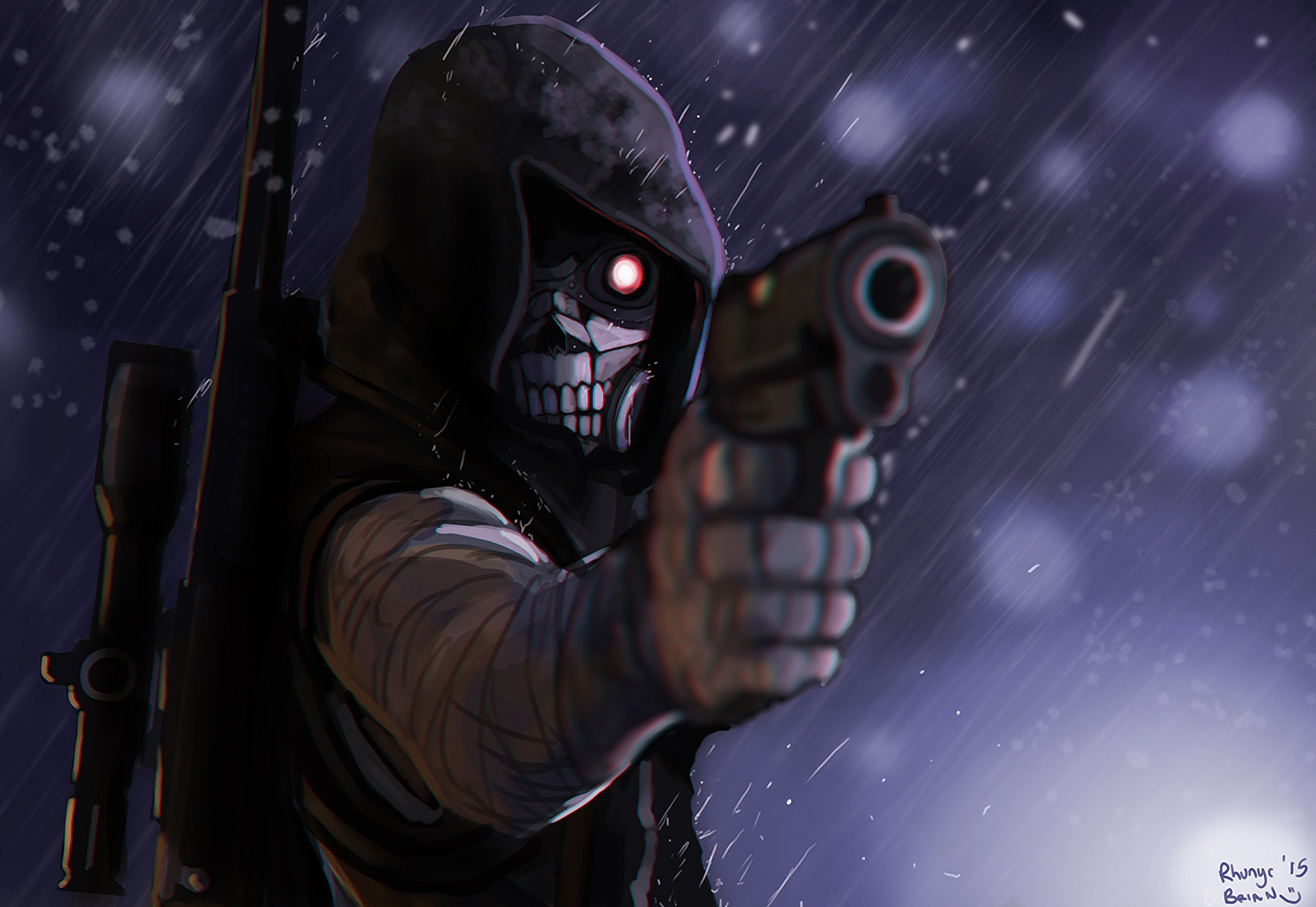 Teschio, Cappuccio, Pistola, Neve, Arte digitale, Full HD, sfondo per portatile