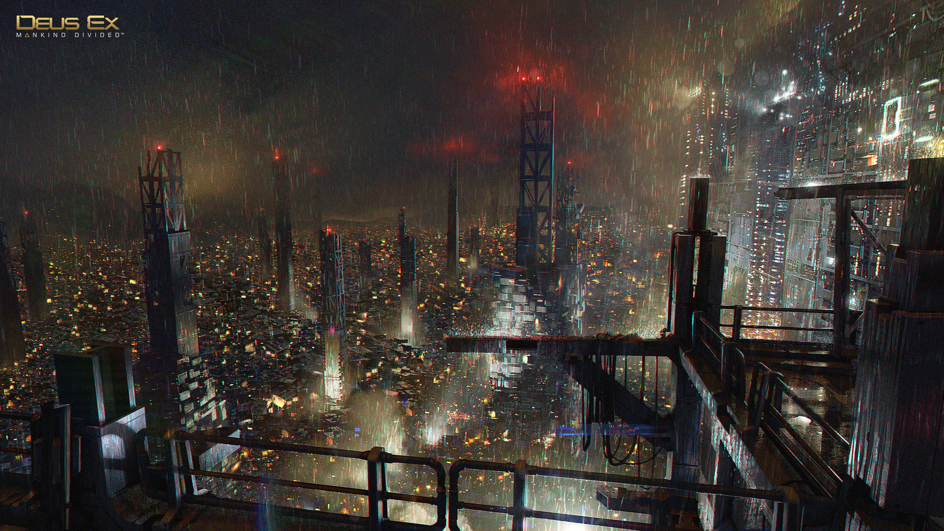 Città cyberpunk, Vista aerea, Notte, Pioggia, Full HD, sfondo desktop
