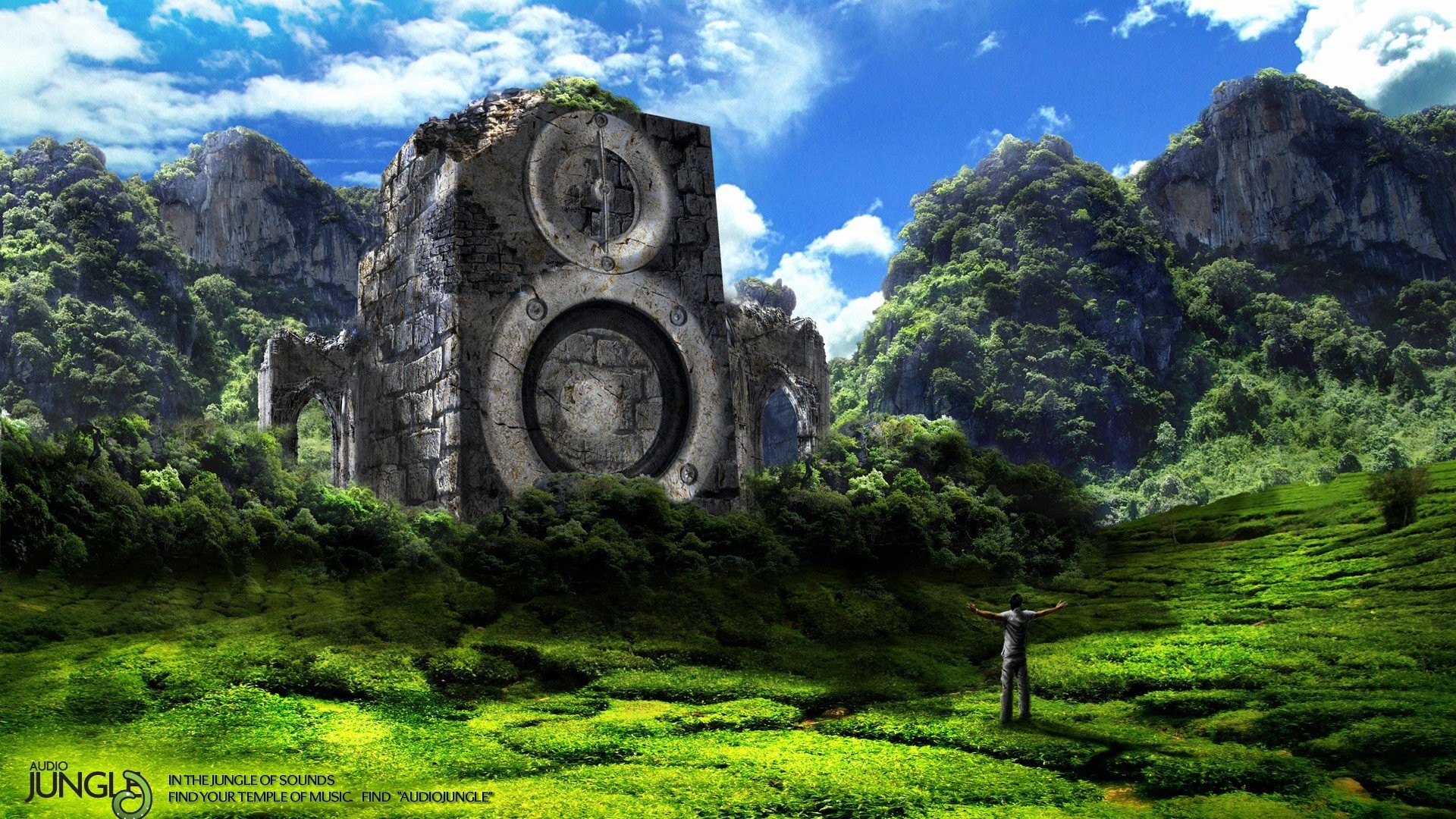 Altoparlante di pietra, Rovine, Giungla, Arte digitale, Musica, Full HD, sfondo Windows 11