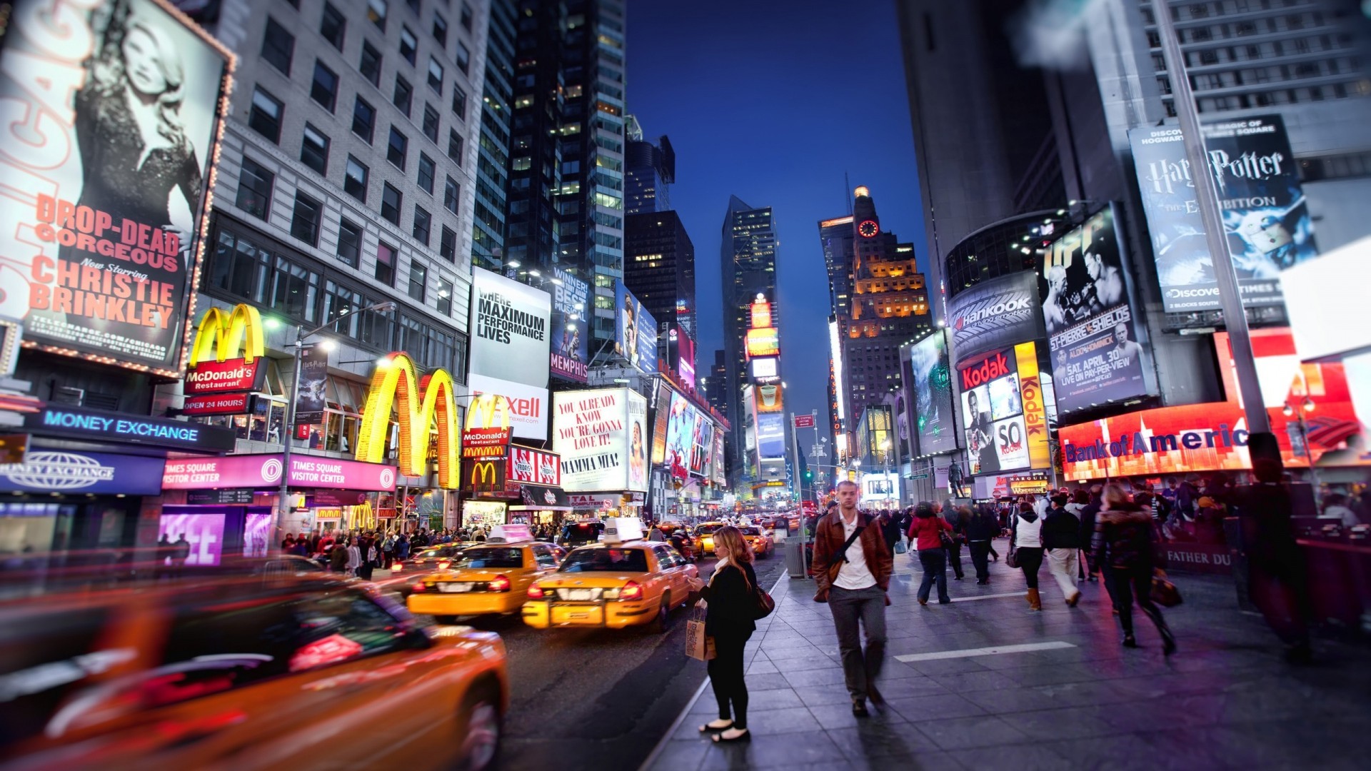 Times Square, New York, Taxi gialli, Folla, Full HD, sfondo per portatile