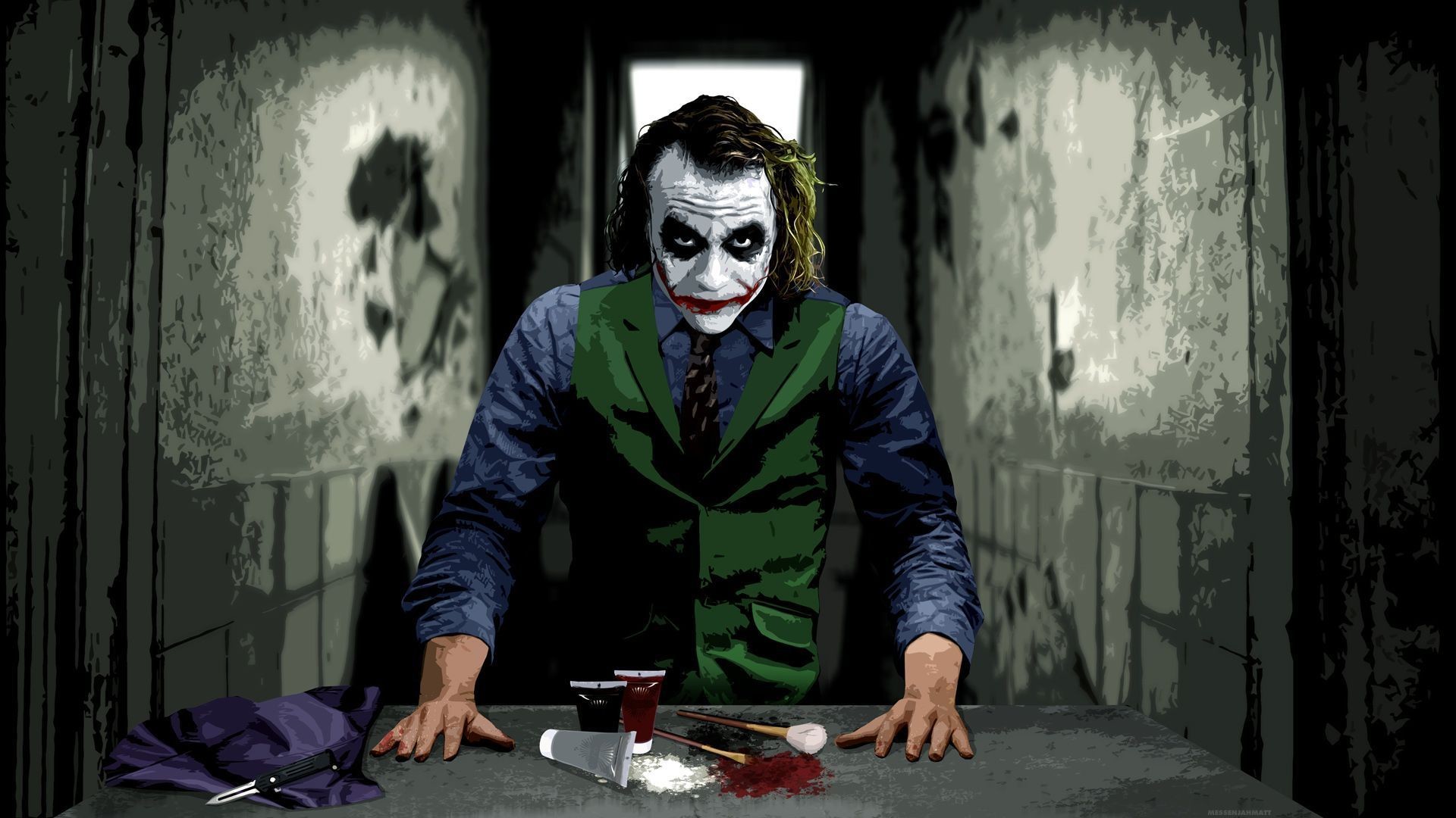 Joker, Heath Ledger, Il cavaliere oscuro, Tavolo, Illustrazione, sfondo 1920x1080 per PC