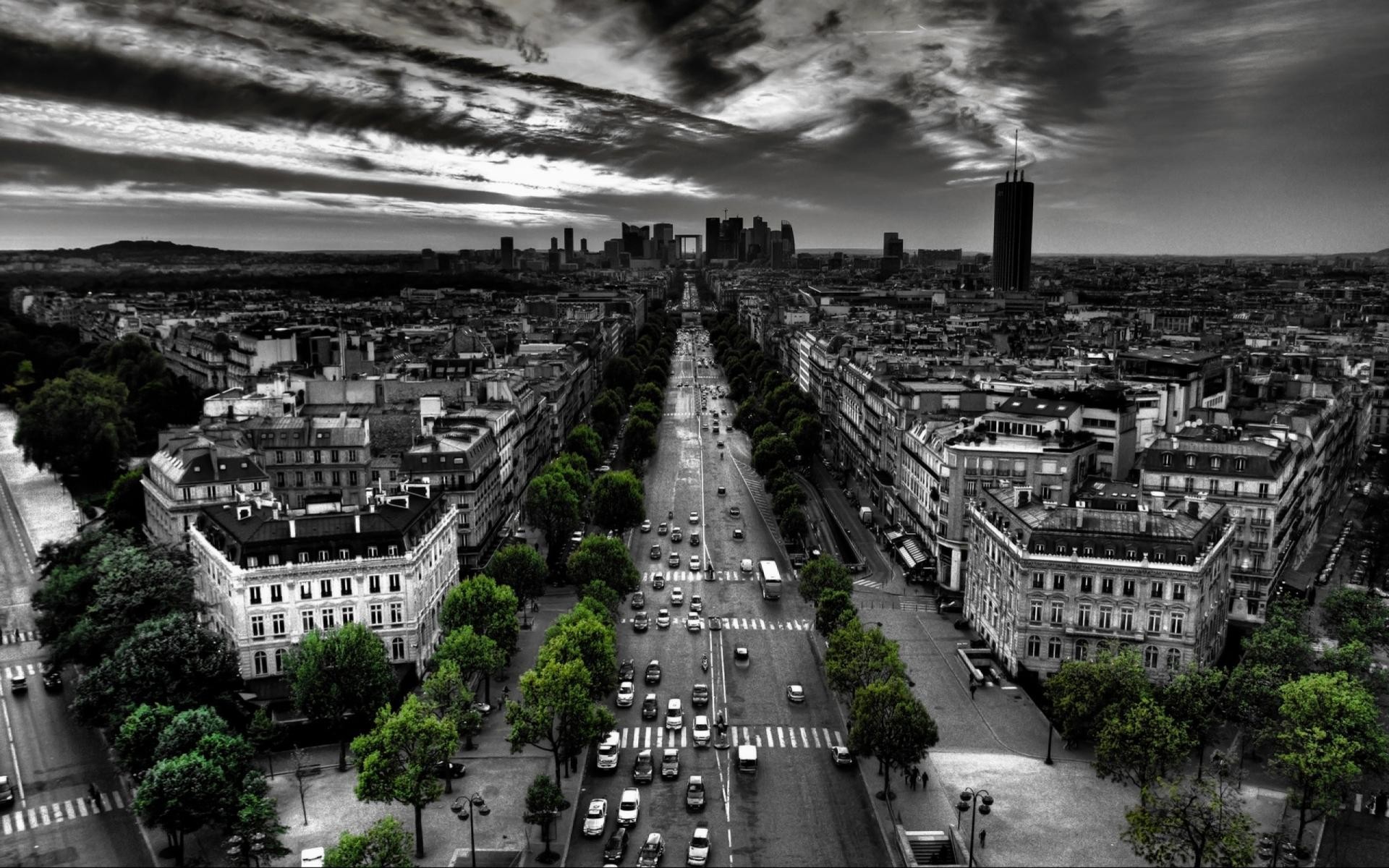 Parigi, Avenue de la Grande Armée, Bianco e nero, Colore selettivo, sfondo desktop 1920x1200