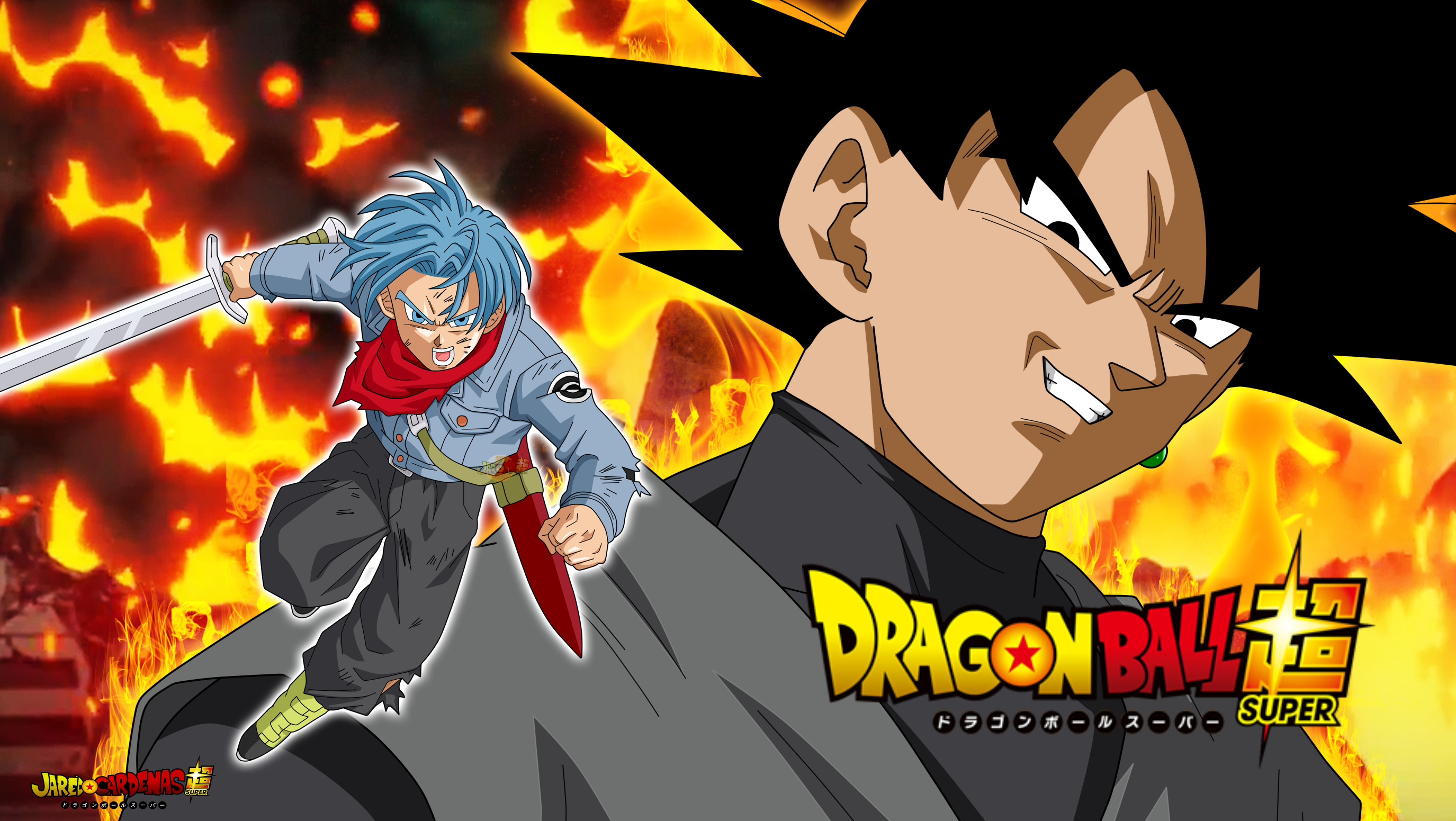 Goku Black, Trunks del futuro, Dragon Ball Super, Fiamme, 2K, sfondo Windows 11