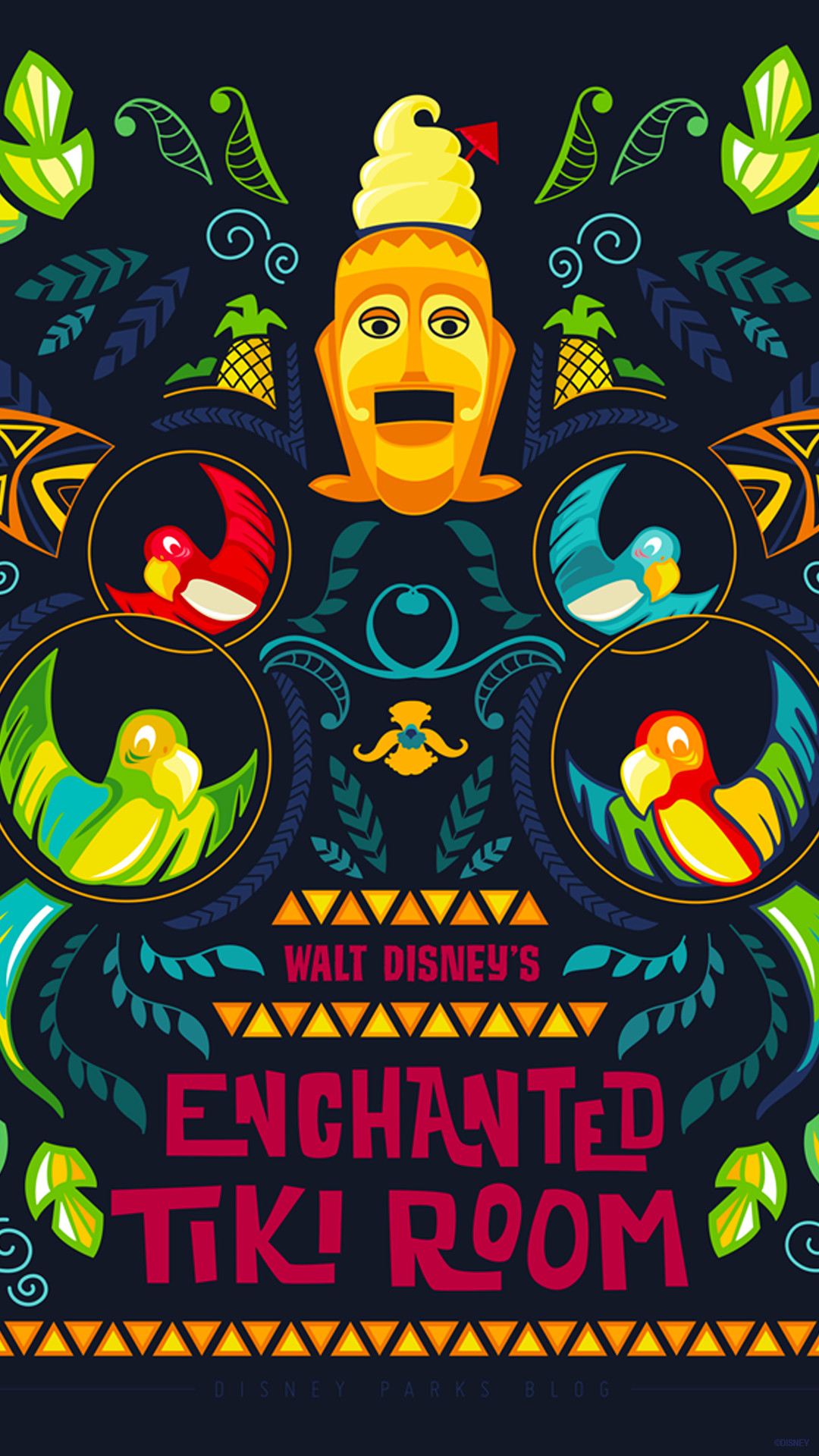 Walt Disney's Enchanted Tiki Room, Disneyland, Pappagalli, Tiki, Illustrazione, wallpaper iPhone