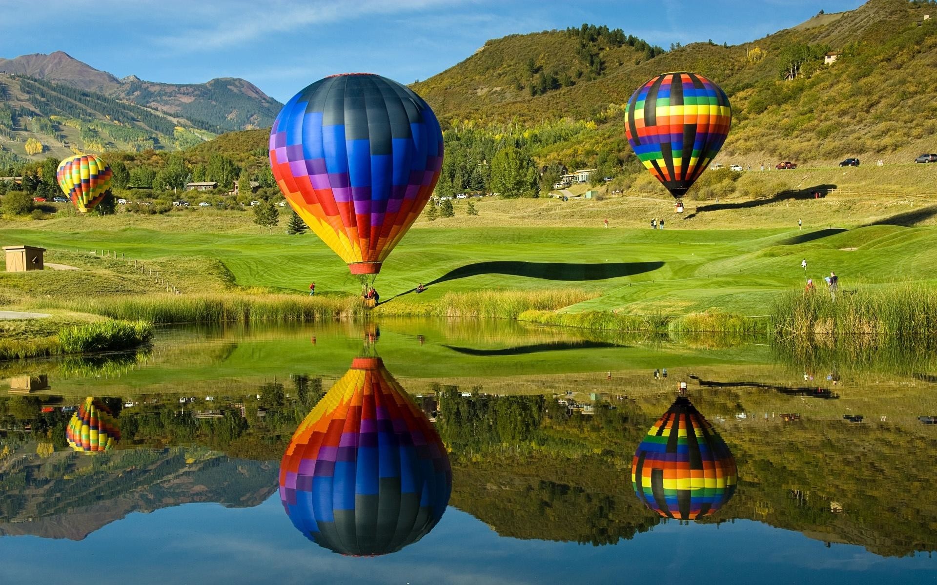 Mongolfiere, Lago, Riflesso, Colline, Full HD, sfondo per portatile