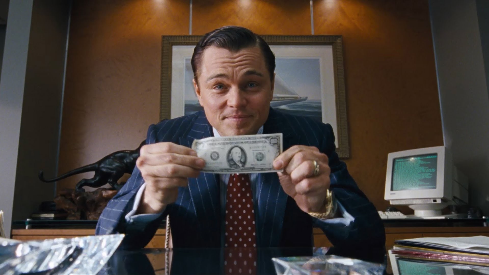 Leonardo DiCaprio, Jordan Belfort, The Wolf of Wall Street, Banconota, Ufficio, wallpaper desktop