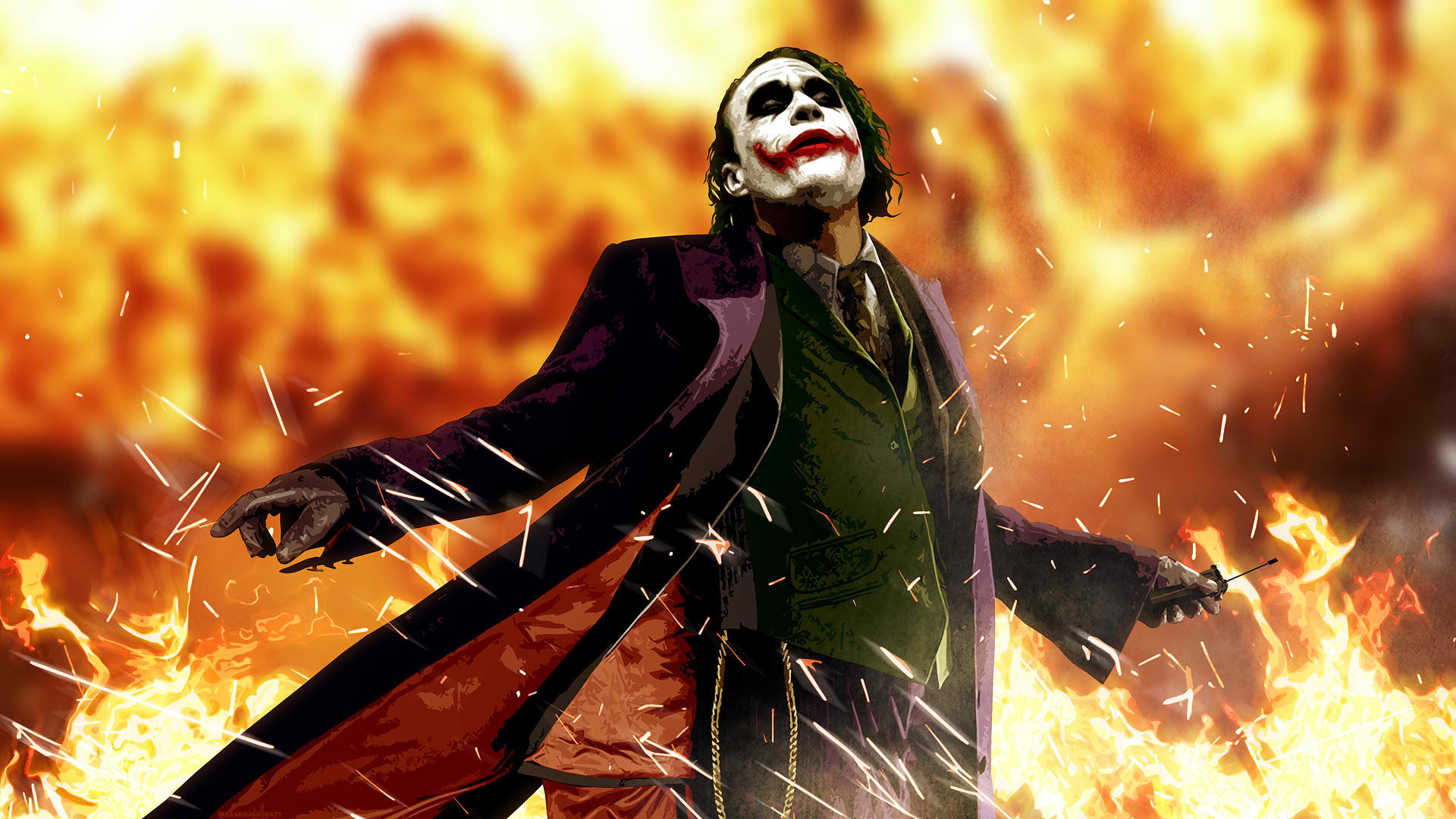 Joker, Heath Ledger, Il cavaliere oscuro, Esplosione, Fiamme, Full HD, sfondo per portatile