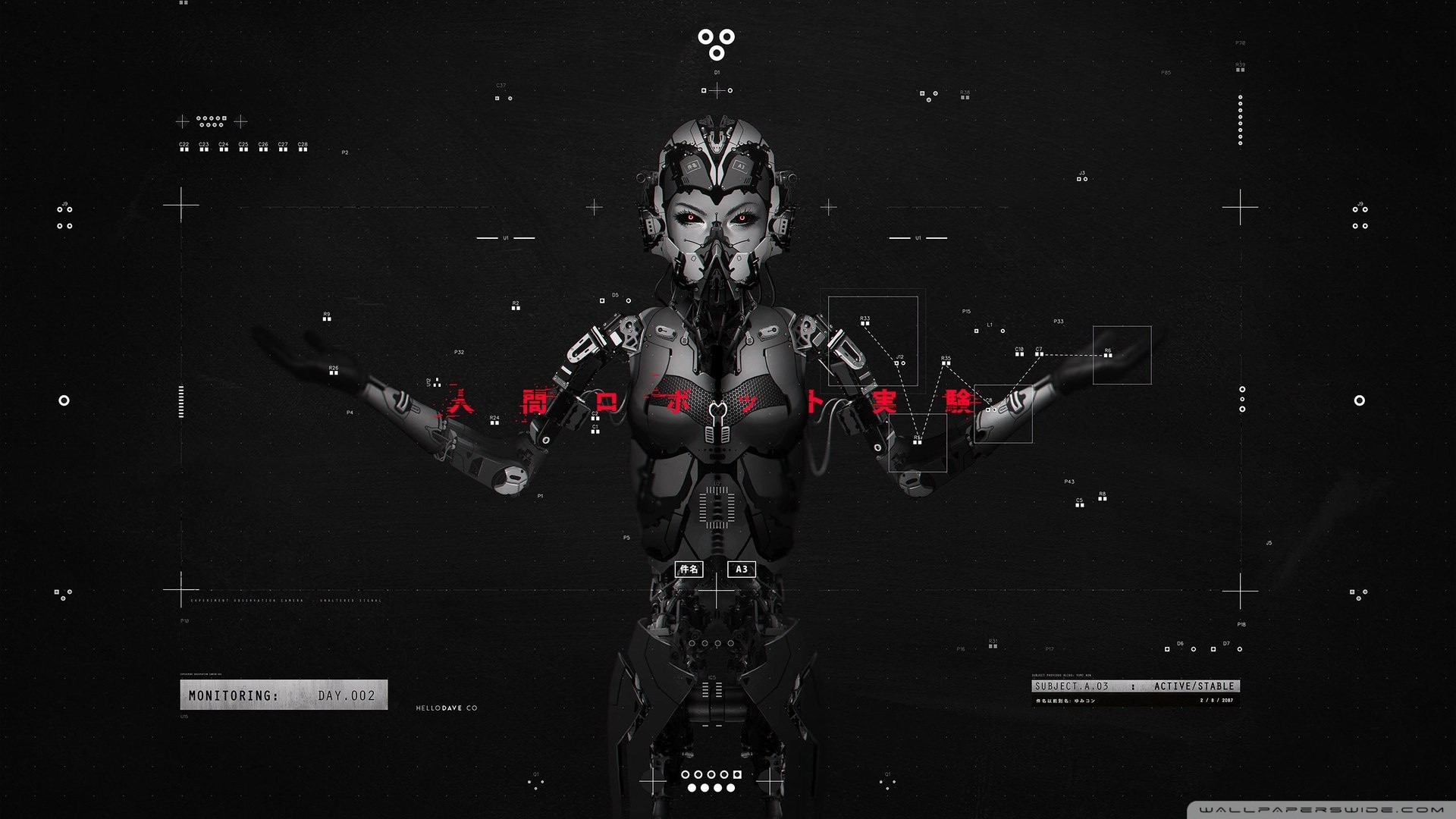 Cyborg, Robot, Interfaccia HUD, Bianco e nero, 1920x1080, immagine di sfondo