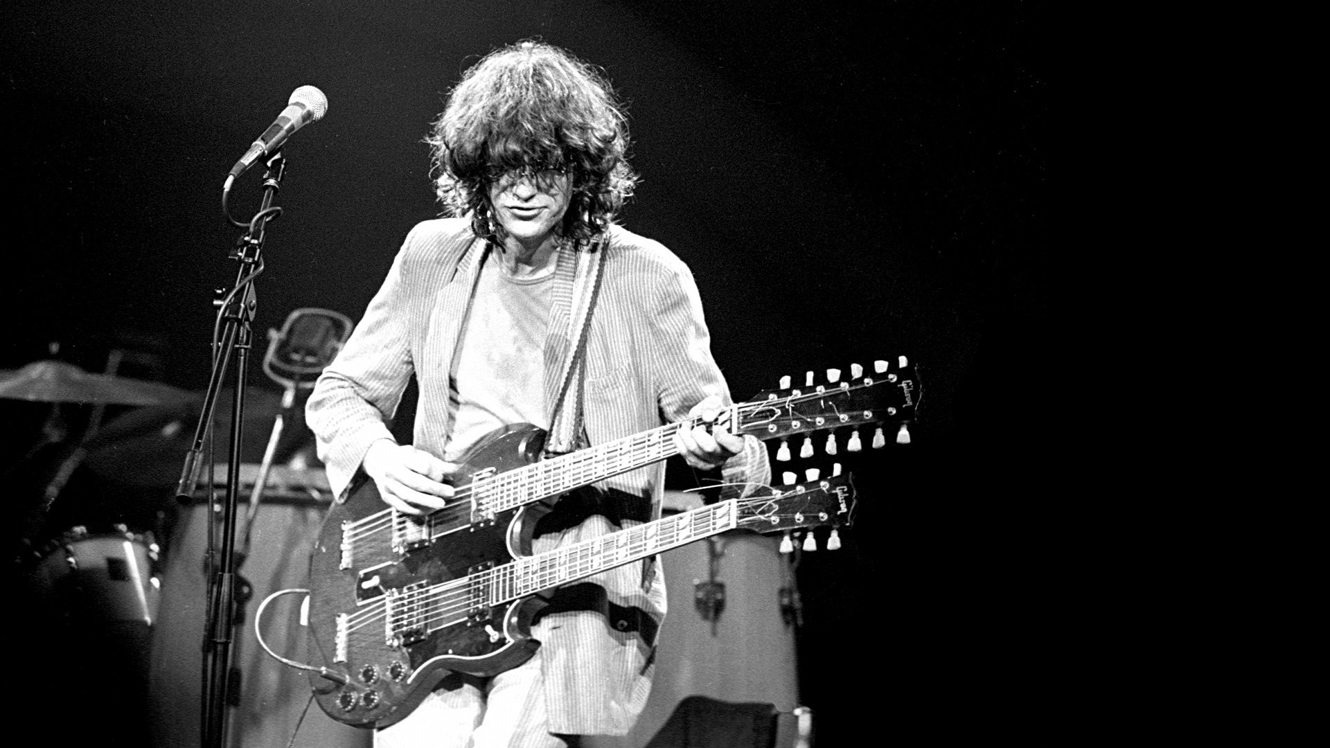 Jimmy Page, Led Zeppelin, Chitarra a doppio manico, Concerto, Bianco e nero, sfondo 1080p