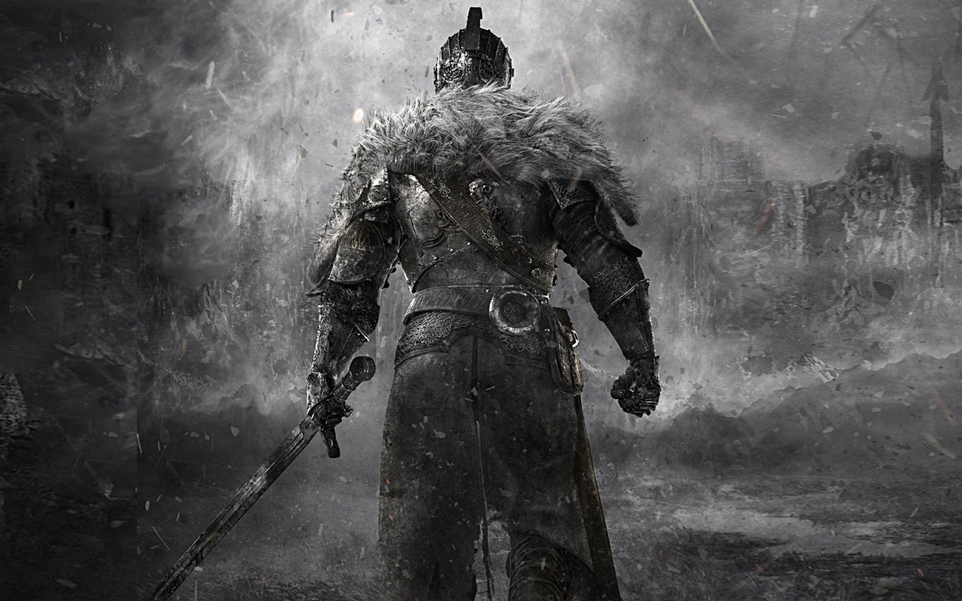Dark Souls II, Cavaliere in armatura, Spada, Nebbia, Bianco e nero, sfondo MacBook Air