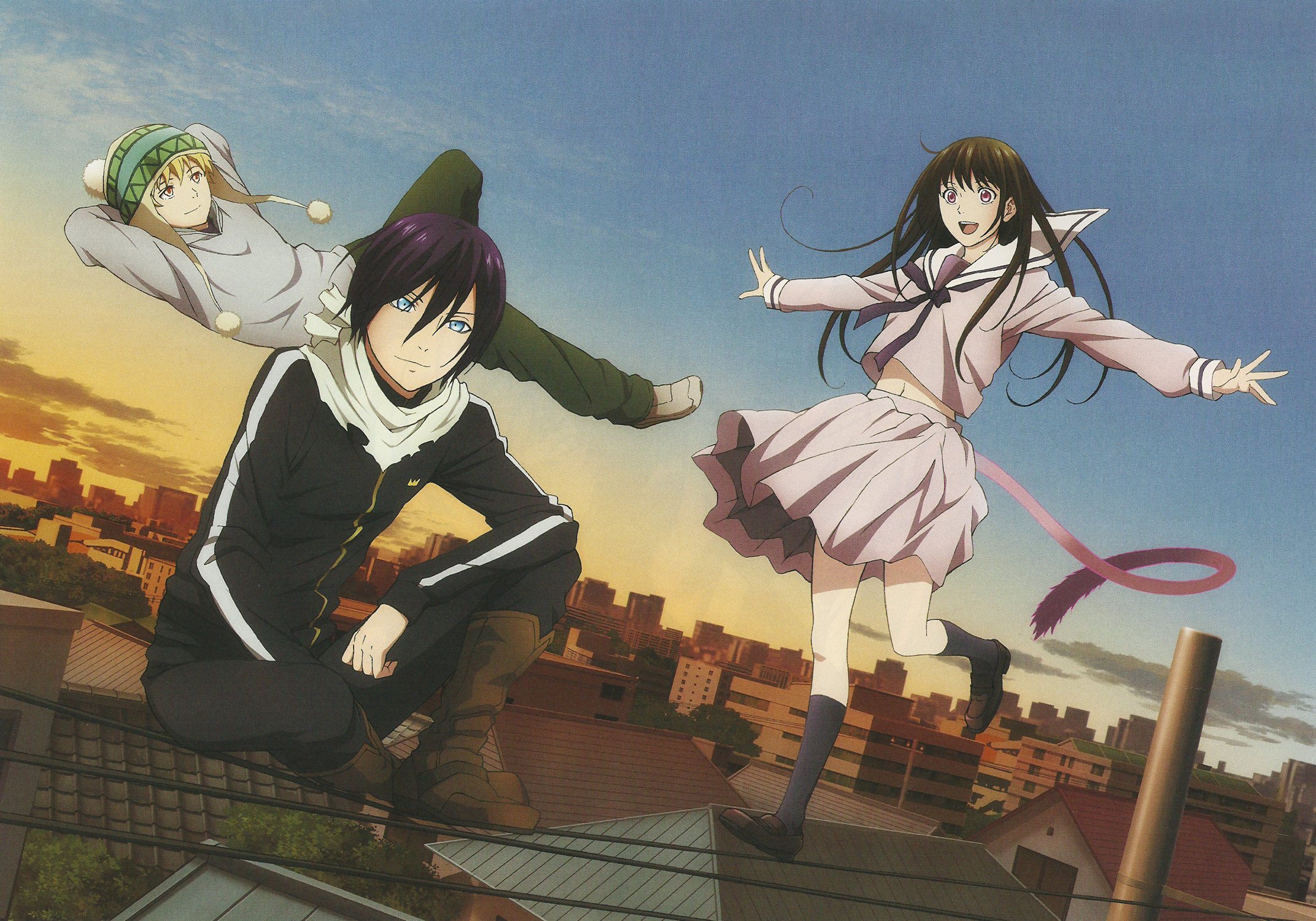 Yato, Hiyori Iki, Yukine, Noragami, Tetto, Tramonto, Full HD, sfondo Windows 11