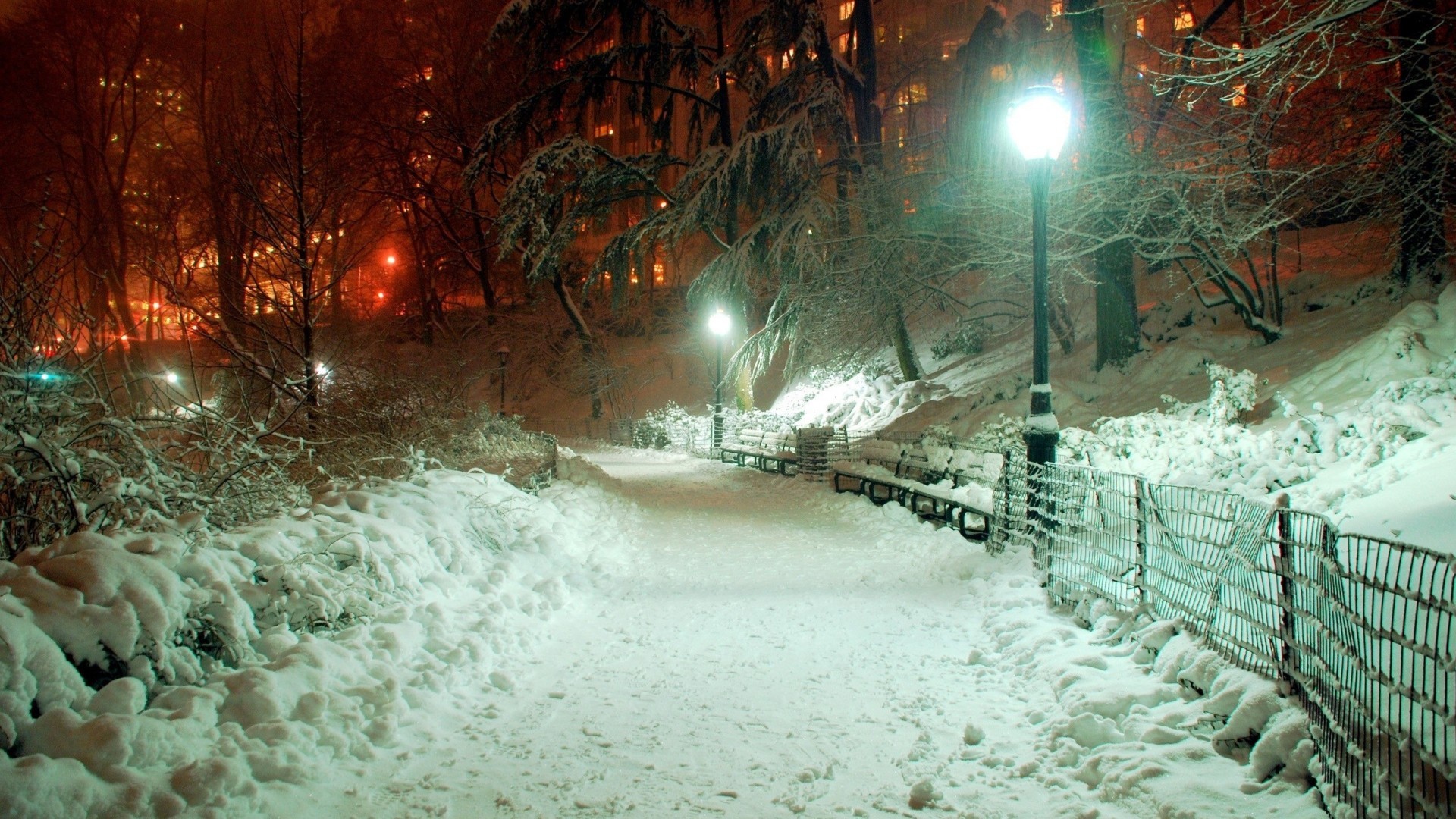Parco innevato, Lampioni, Notte, Inverno, Full HD, sfondo per PC e portatile