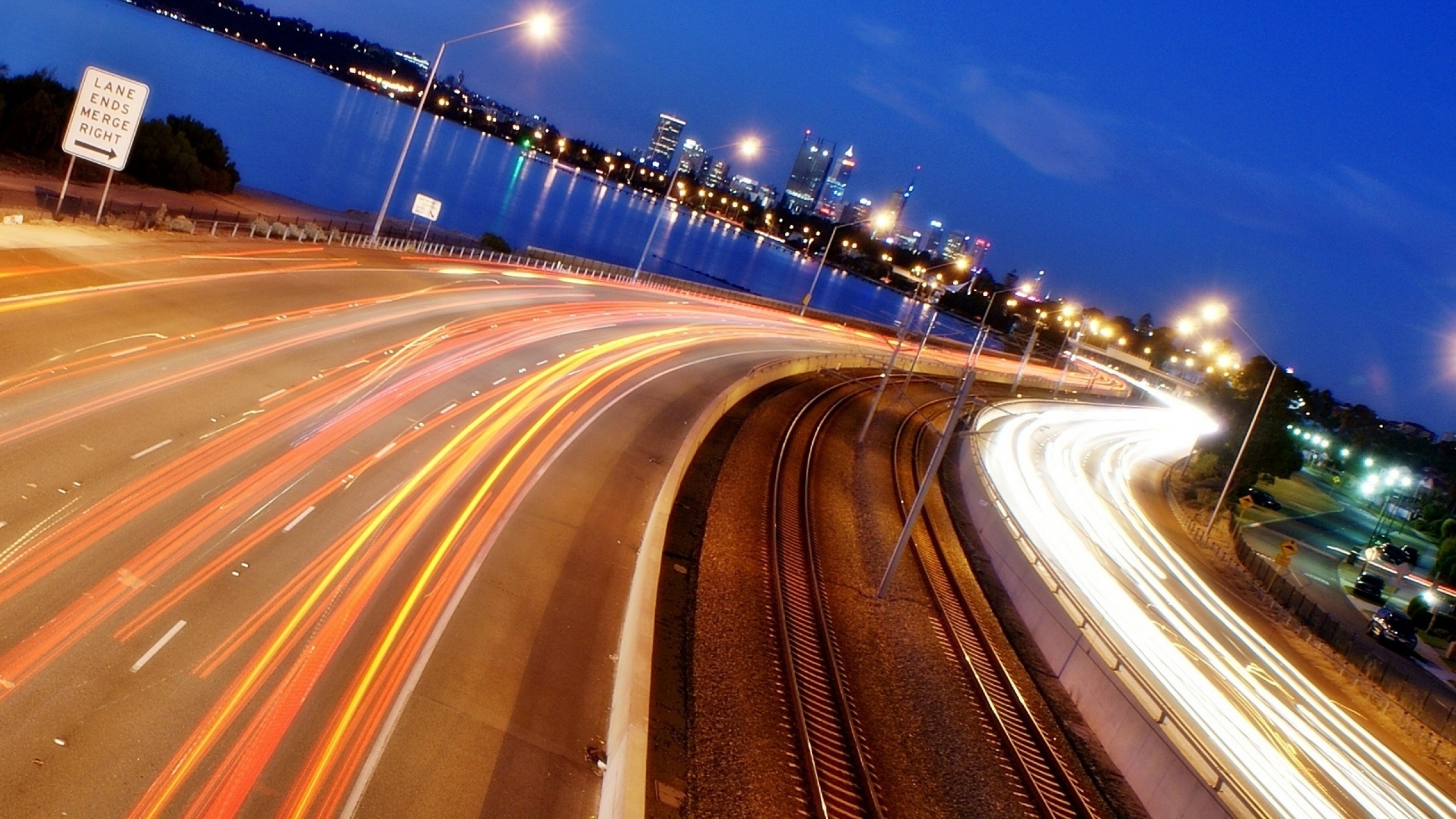 Scie luminose, Autostrada, Lunga esposizione, Notte, 2560x1440, immagine di sfondo