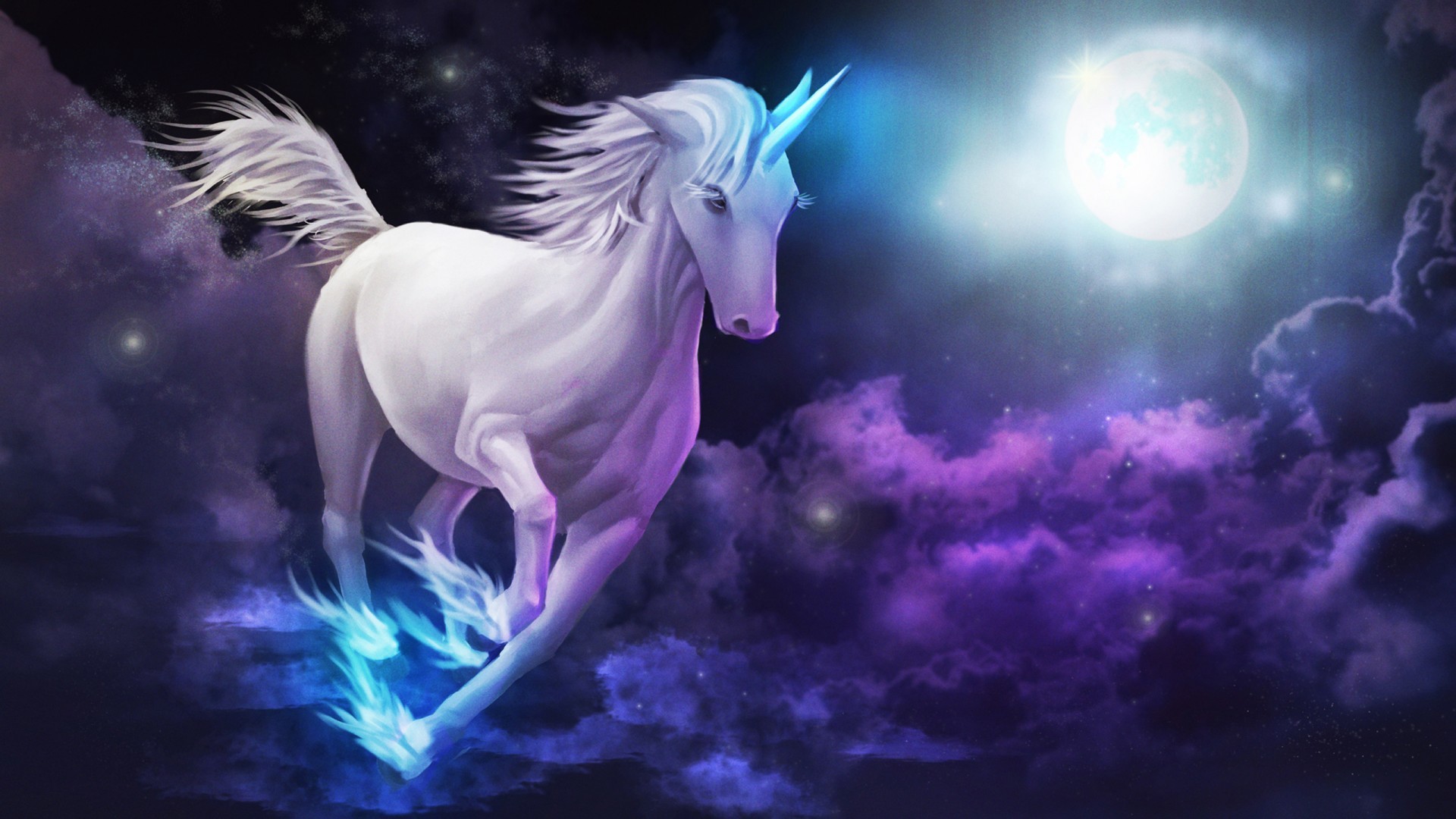 Unicorno, Fantasy, Luna piena, Nuvole viola, Galoppo, Full HD, sfondo per portatile