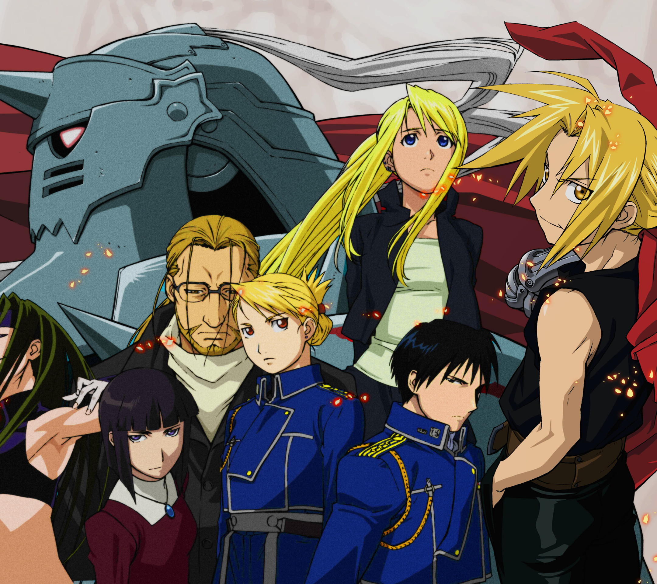 Fullmetal Alchemist, Edward Elric, Alphonse Elric, Winry Rockbell, Roy Mustang, Riza Hawkeye, sfondo iPad