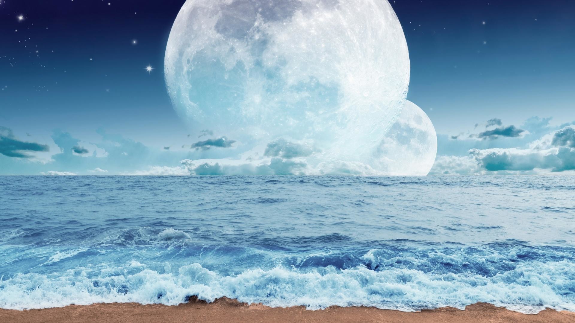 Oceano, Luna gigante, Arte surreale, Onde, Full HD 1080p, sfondo desktop