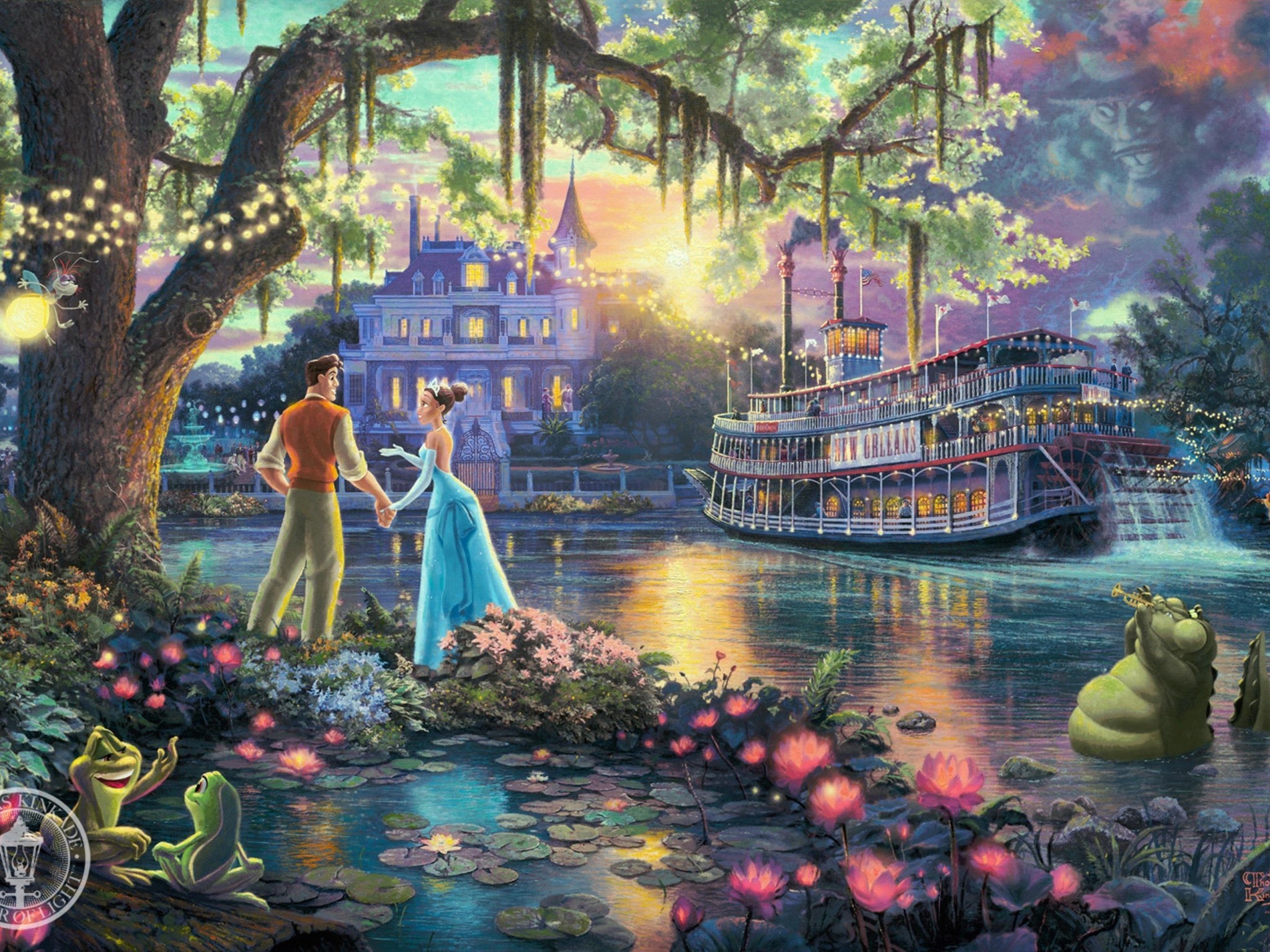 La principessa e il ranocchio, Tiana, Naveen, Thomas Kinkade, Bayou, Battello a vapore, wallpaper tablet