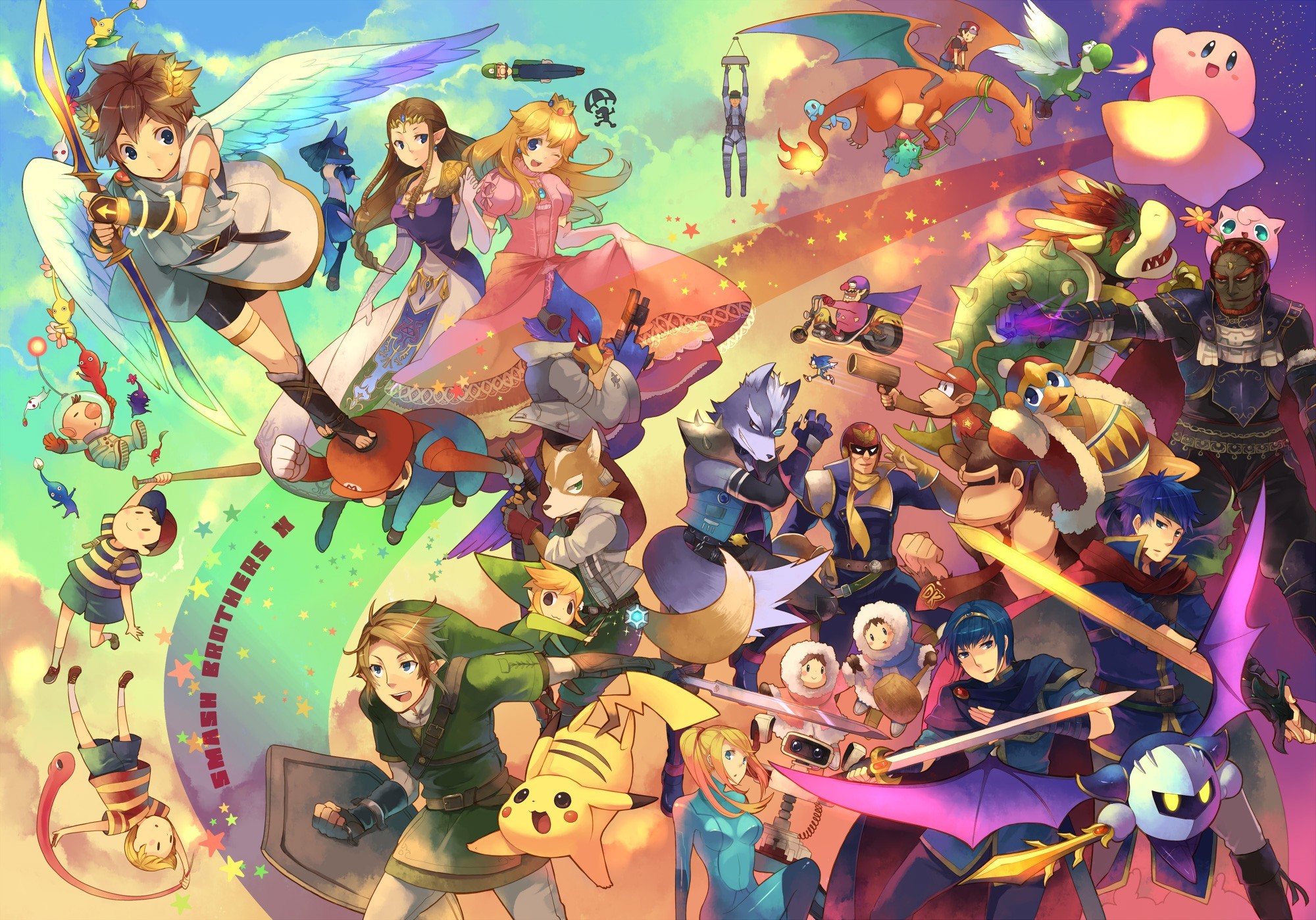 Super Smash Bros., Link, Pikachu, Kirby, Pit, Arte digitale, Full HD, sfondo per PC
