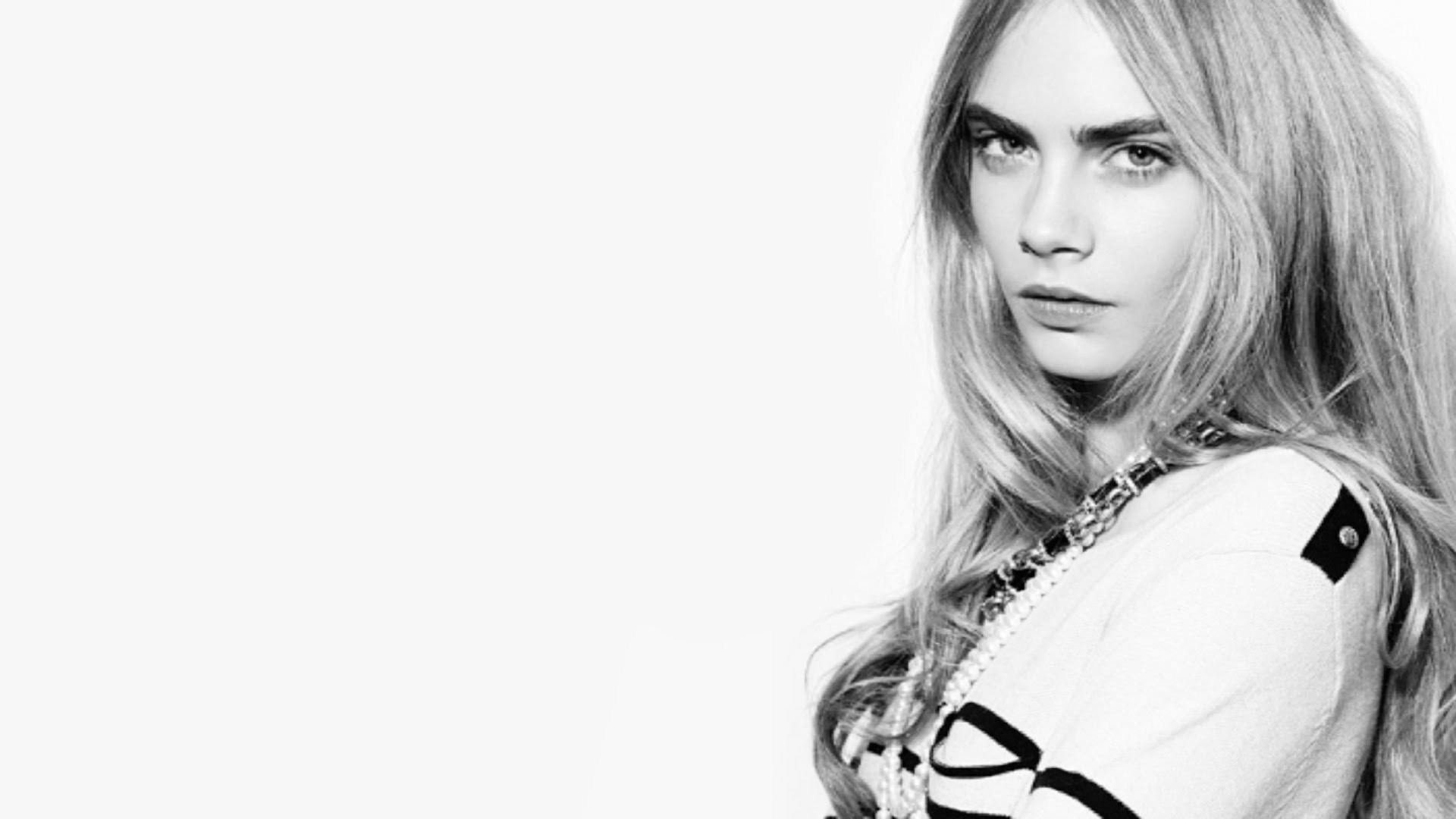 Cara Delevingne, Bianco e nero, Sfondo bianco, Ritratto, 16:9 Full HD, wallpaper widescreen