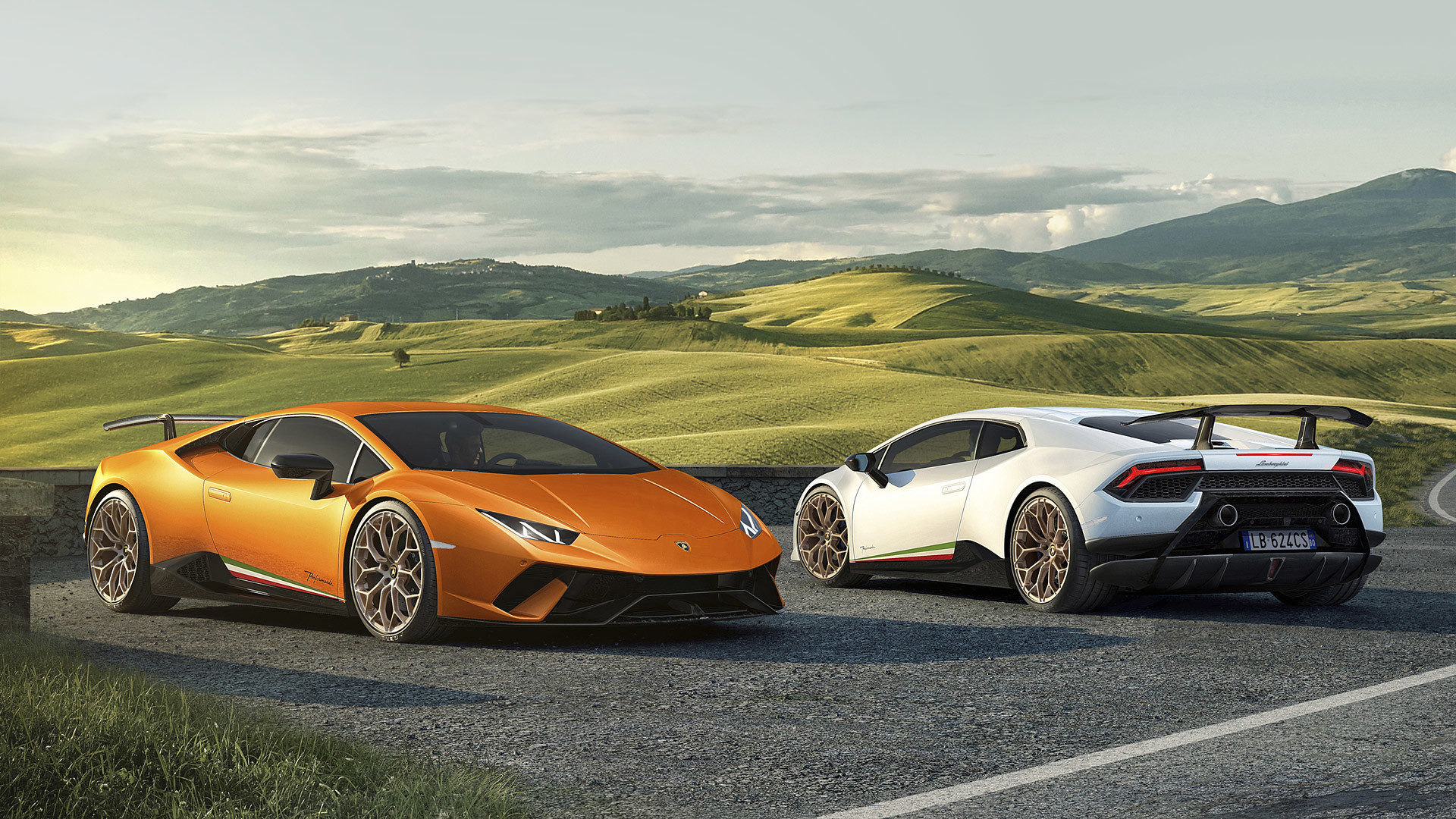 Lamborghini Huracán Performante, Arancione, Bianco, Colline, Supercar, sfondo desktop 1920x1080
